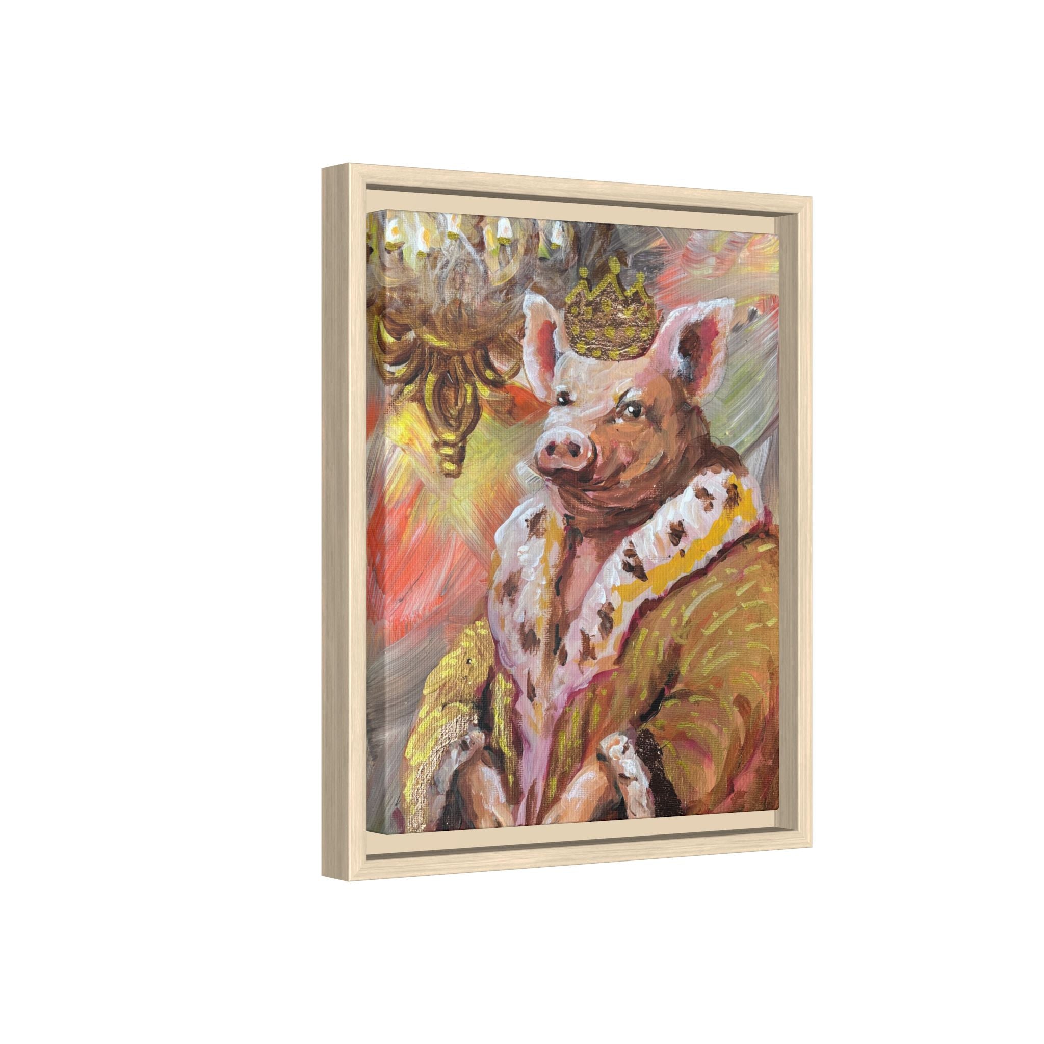 Regal Pig King Framed Canvas Art — Whimsical Farmhouse Wall Decor