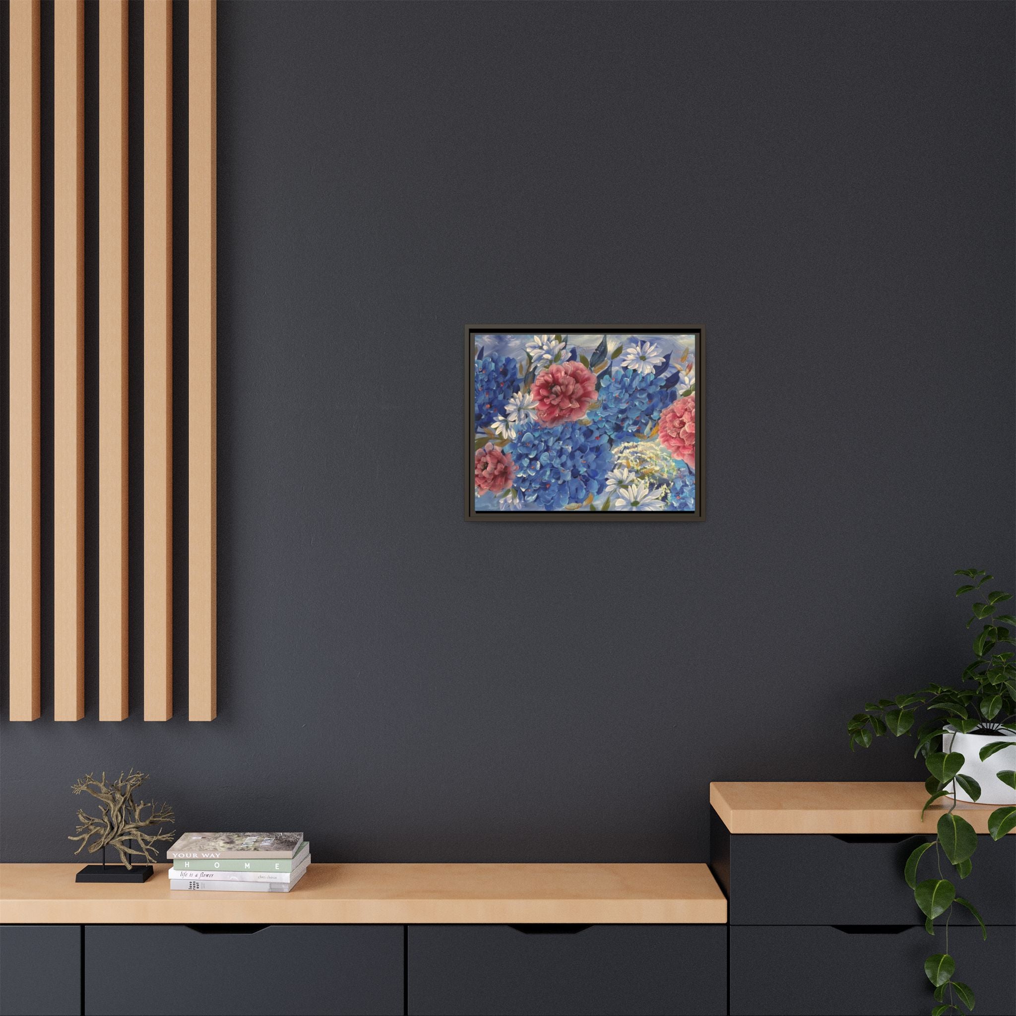 Cool Blue Framed Floral Canvas Print — Blue Hydrangea & Pink Peony Wall Art