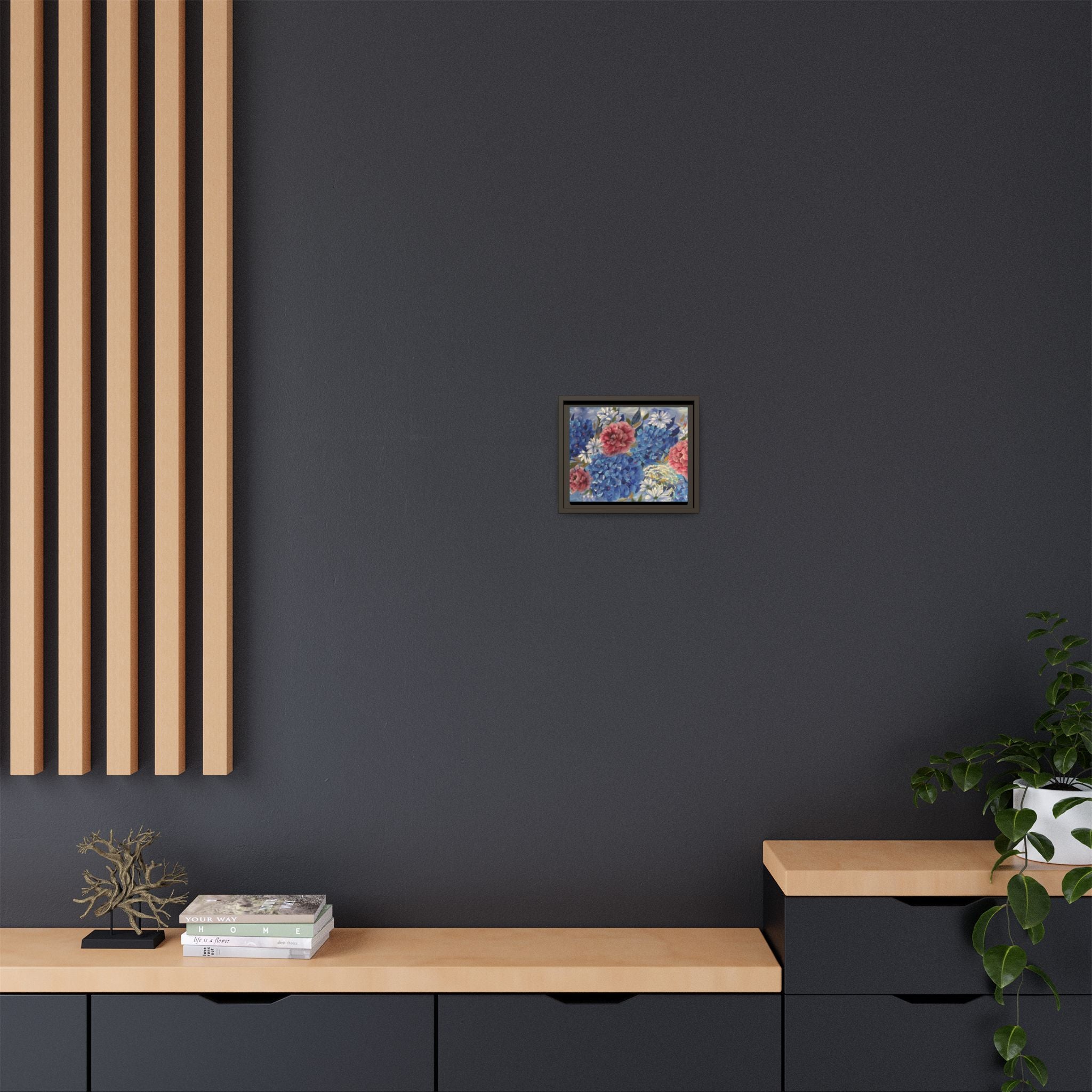 Cool Blue Framed Floral Canvas Print — Blue Hydrangea & Pink Peony Wall Art