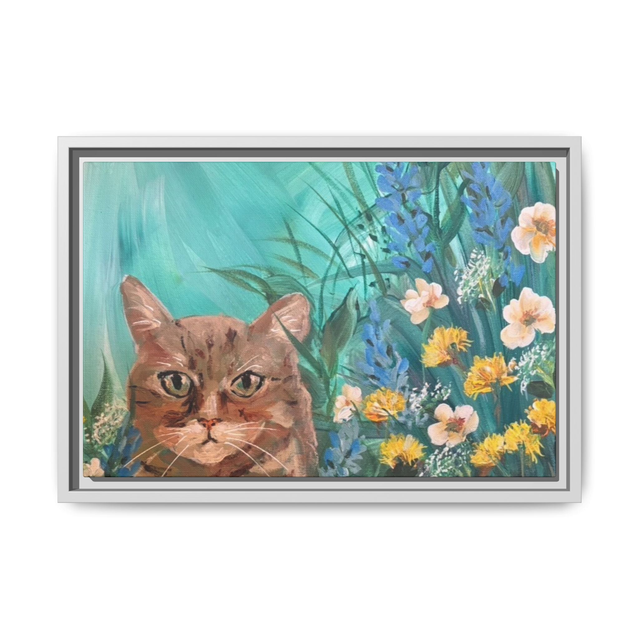 Framed Cat Portrait Canvas — Floral Wall Art