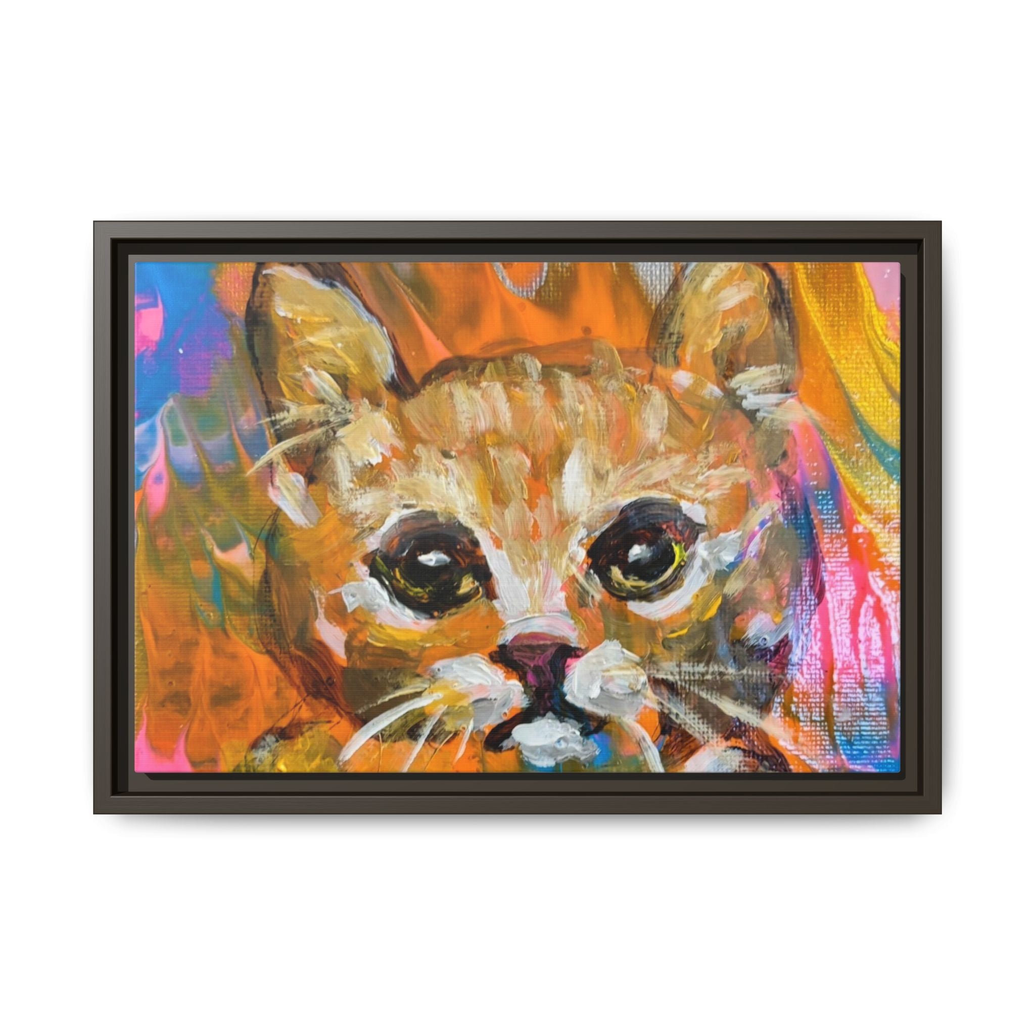 Framed Matte Canvas: Colorful Abstract Ginger Cat Wall Art