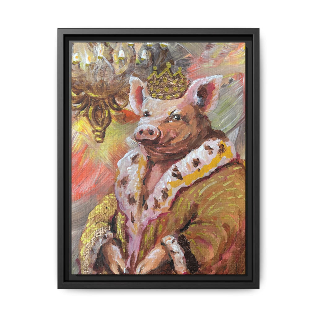 Regal Pig King Framed Canvas Art — Whimsical Farmhouse Wall Decor