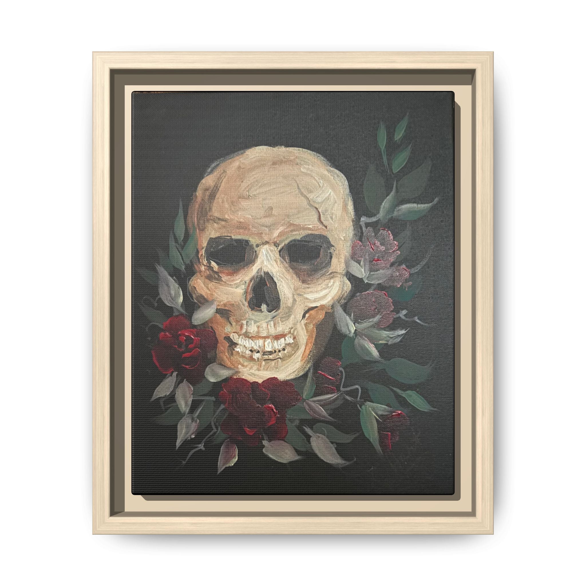 Framed Matte Canvas Skull & Roses Wall Art — Dark Gothic Home Decor