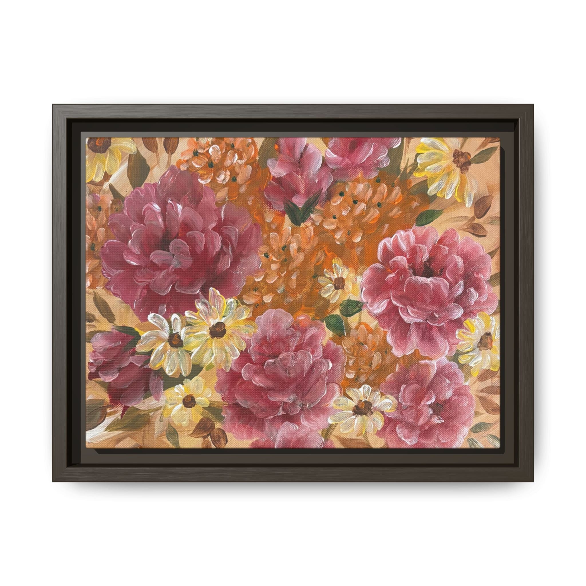 Warm Floral Framed Floral Canvas Print — Pink Peony & Daisies Wall Art