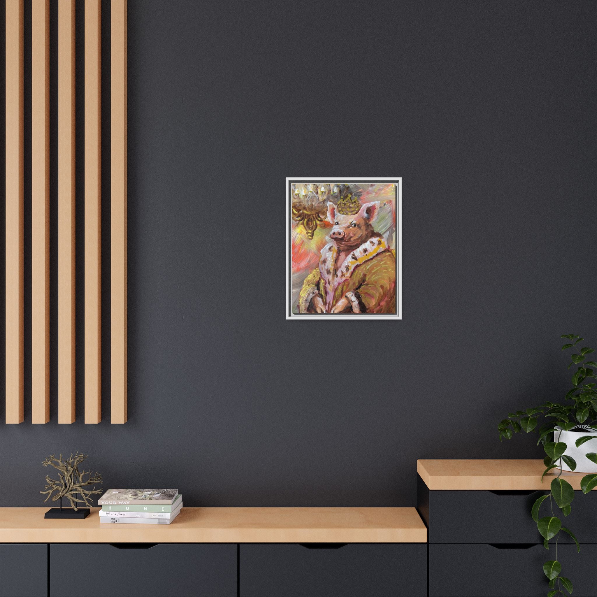Regal Pig King Framed Canvas Art — Whimsical Farmhouse Wall Decor