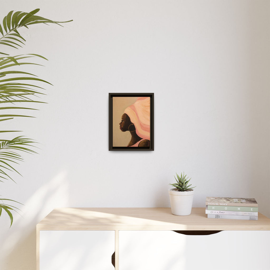 Framed Matte Canvas Art – Elegant African Woman Portrait (Pink Headwrap)