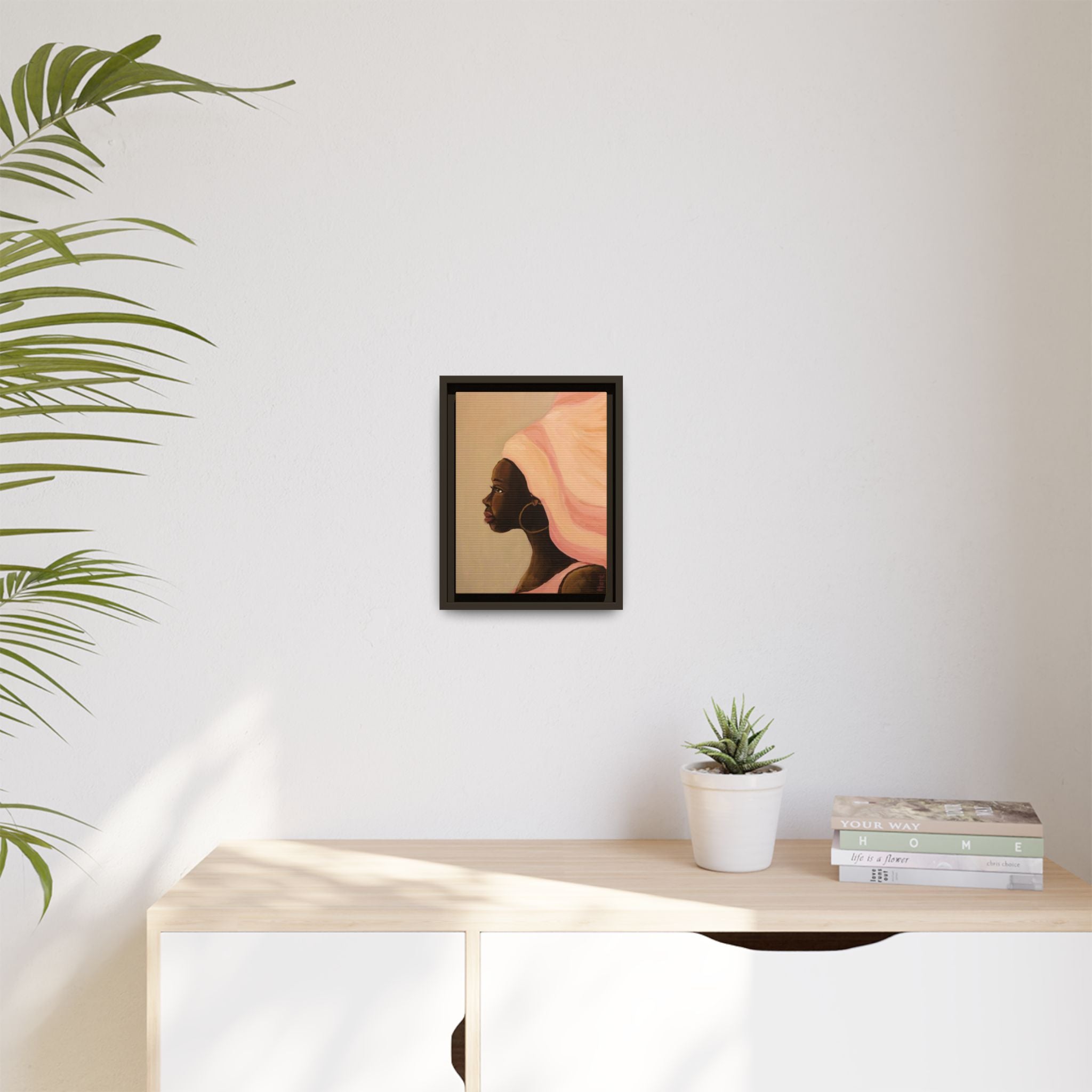 Framed Matte Canvas Art – Elegant African Woman Portrait (Pink Headwrap)