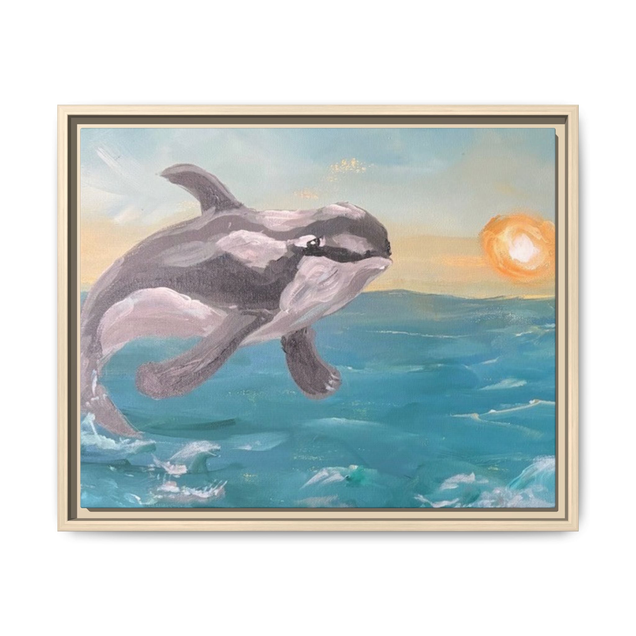 Whimsical Dolphin Seascape, framed canvas