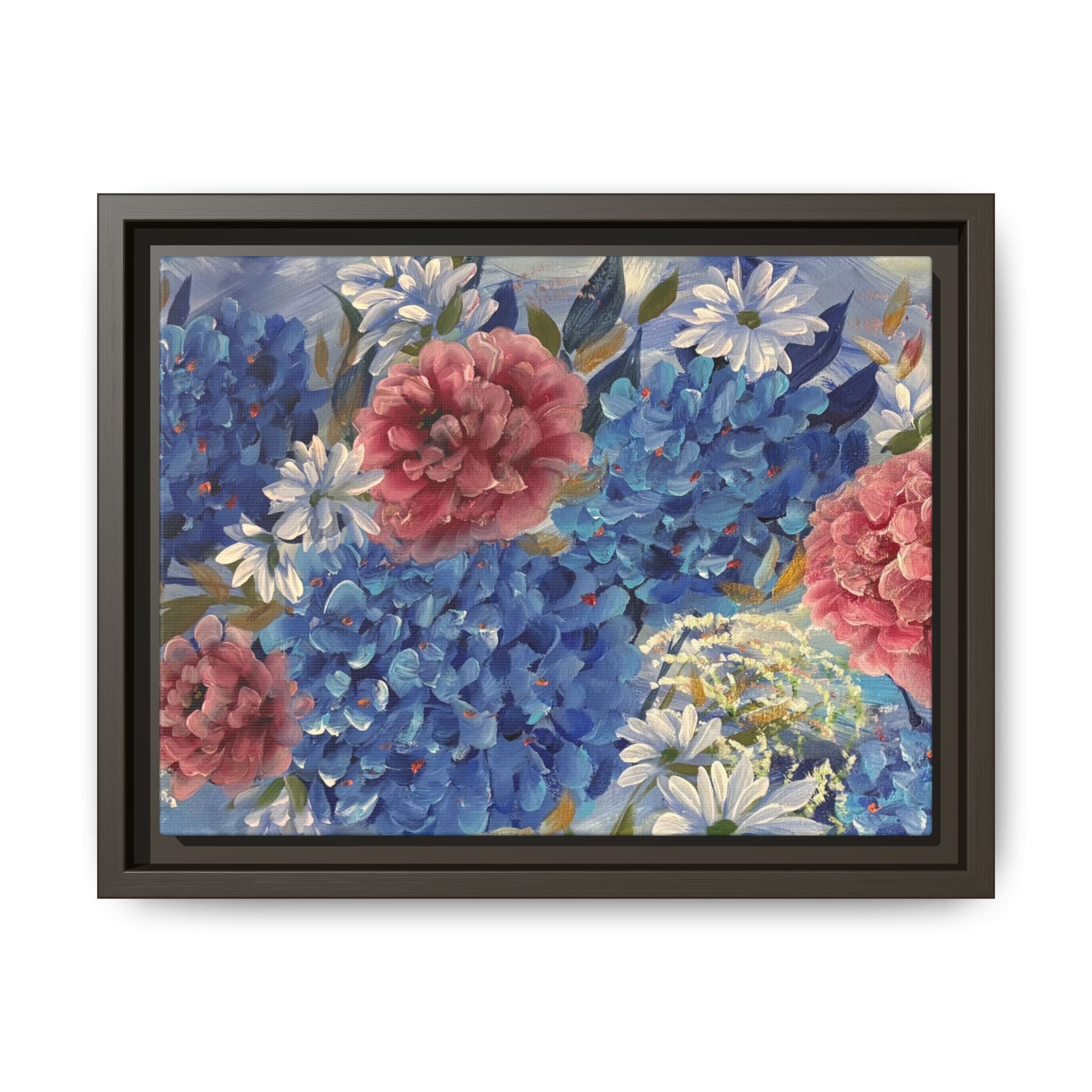 Cool Blue Framed Floral Canvas Print — Blue Hydrangea & Pink Peony Wall Art