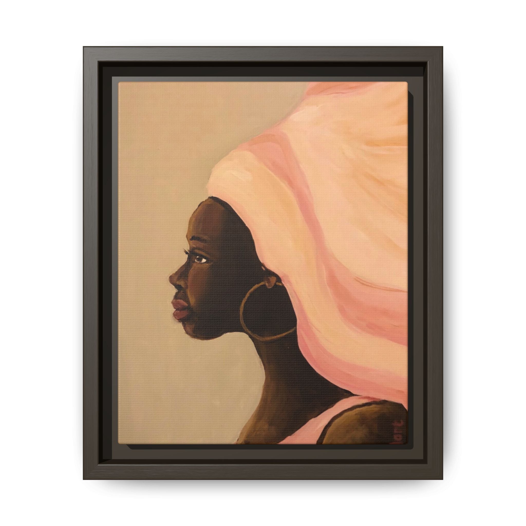 Framed Matte Canvas Art – Elegant African Woman Portrait (Pink Headwrap)