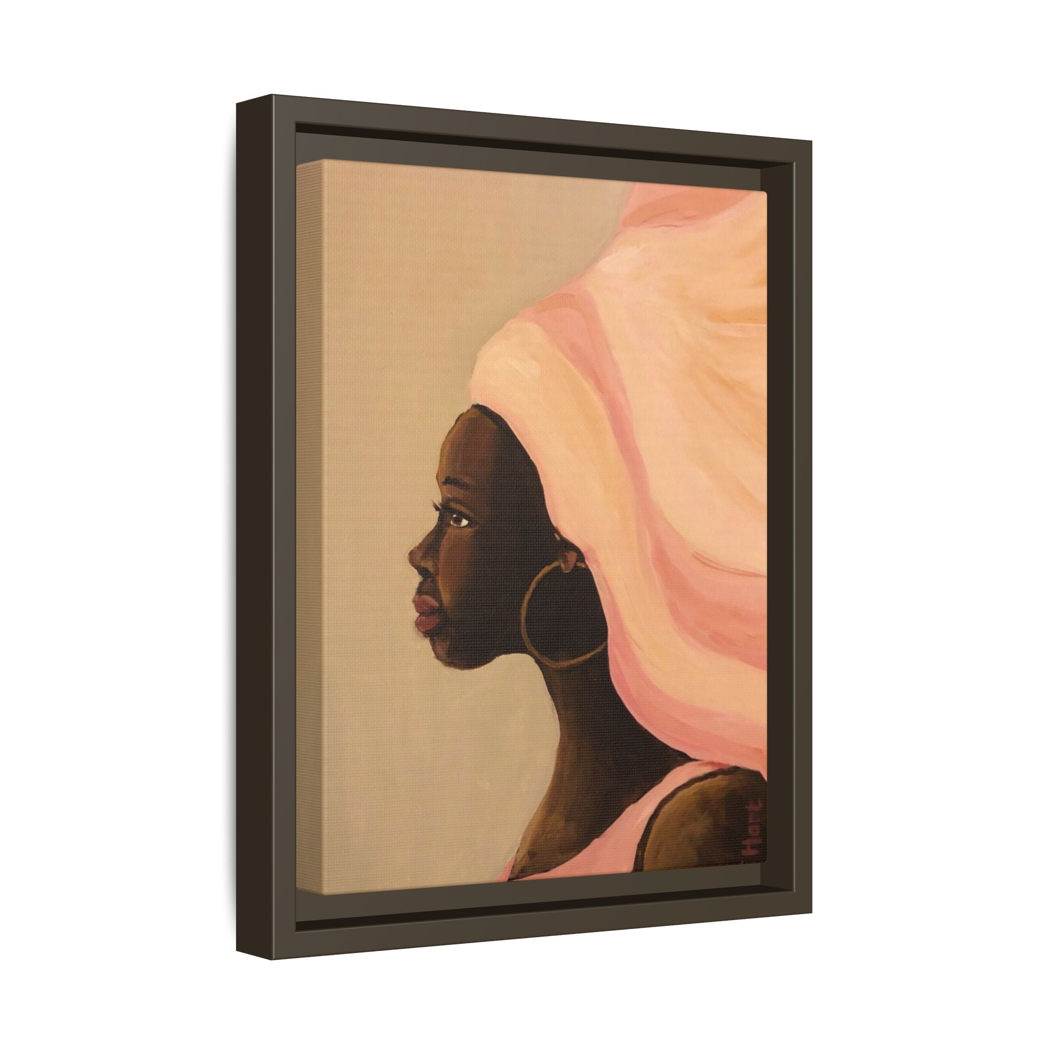 Framed Matte Canvas Art – Elegant African Woman Portrait (Pink Headwrap)