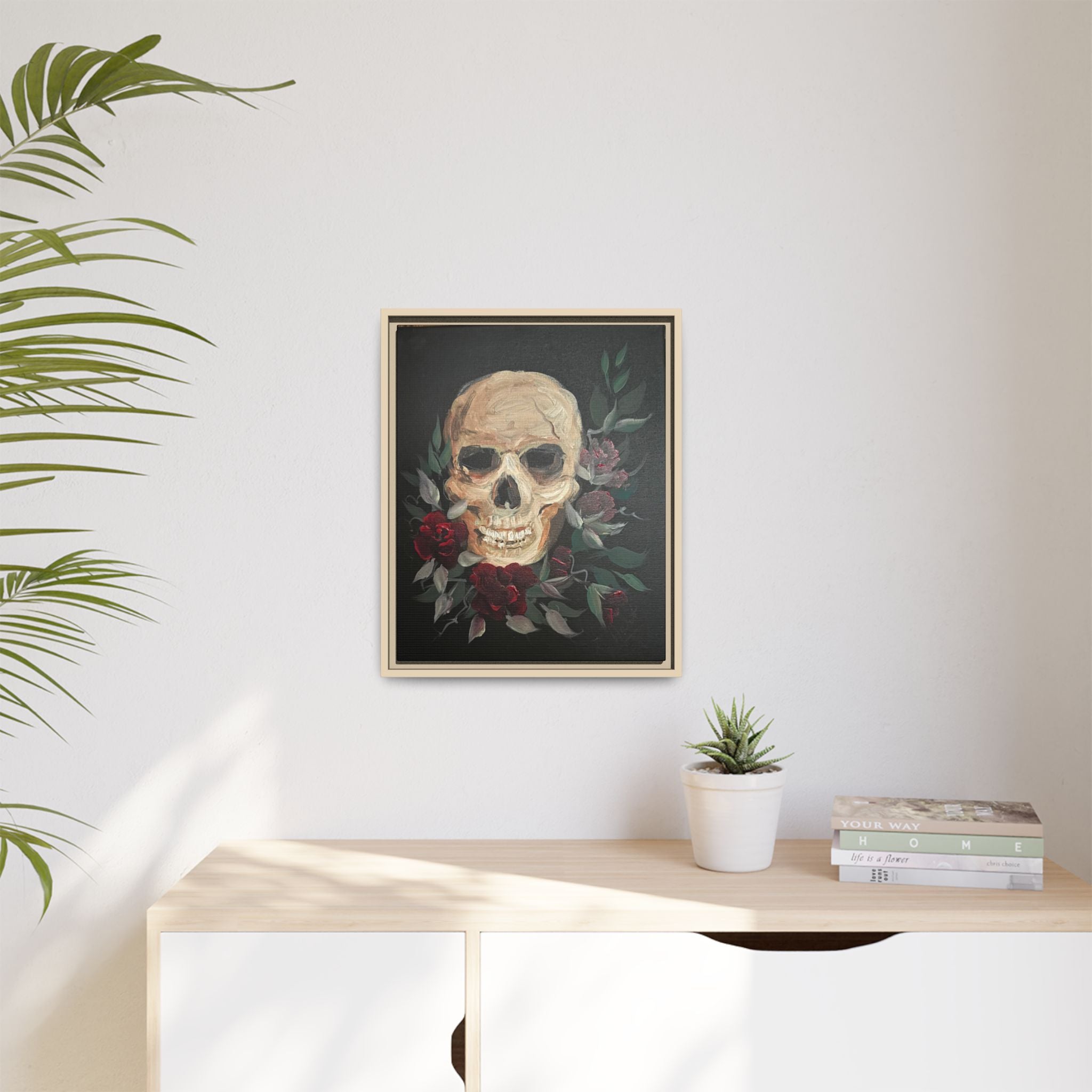 Framed Matte Canvas Skull & Roses Wall Art — Dark Gothic Home Decor