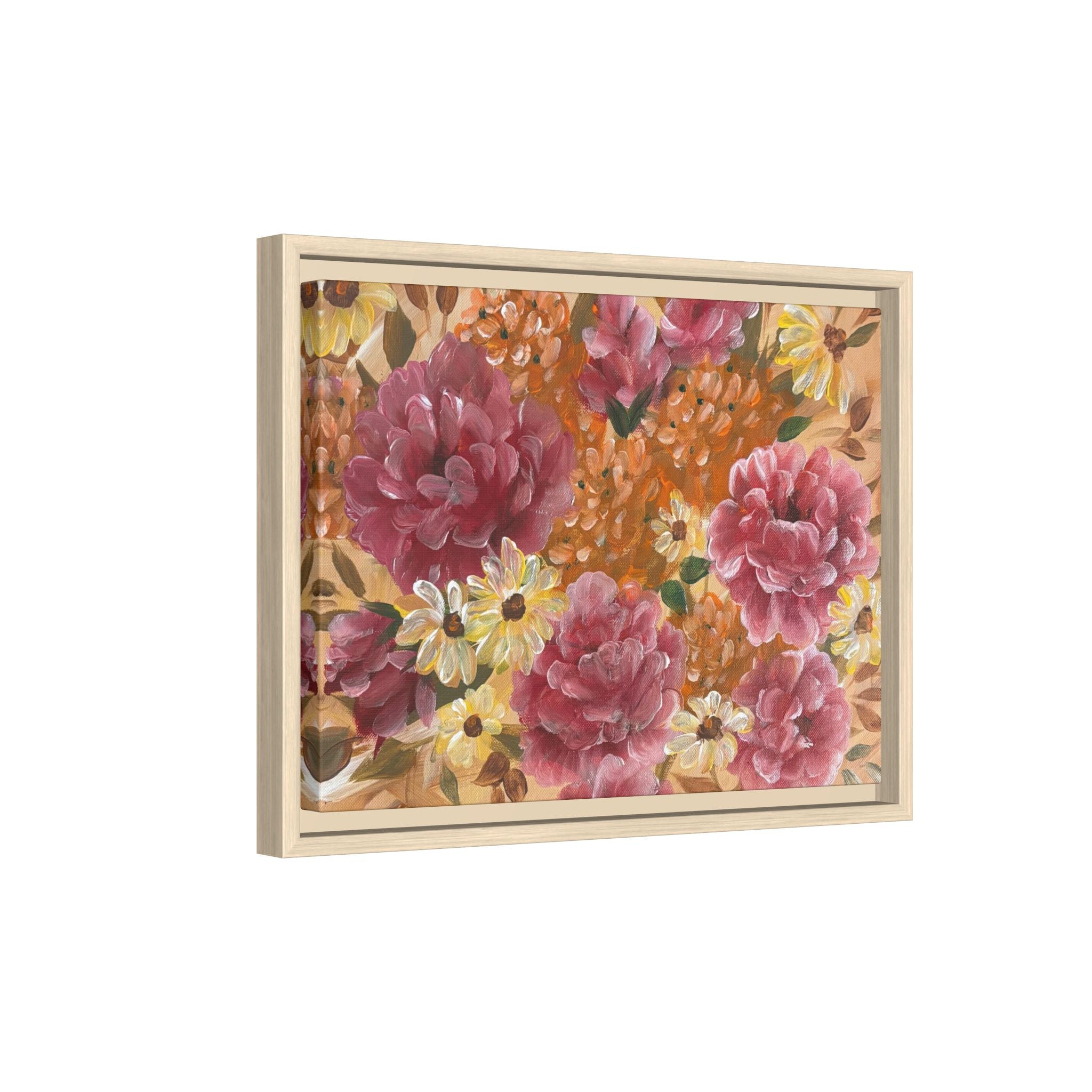 Warm Framed Floral Canvas Print — Vintage Pink Peonies Wall Art