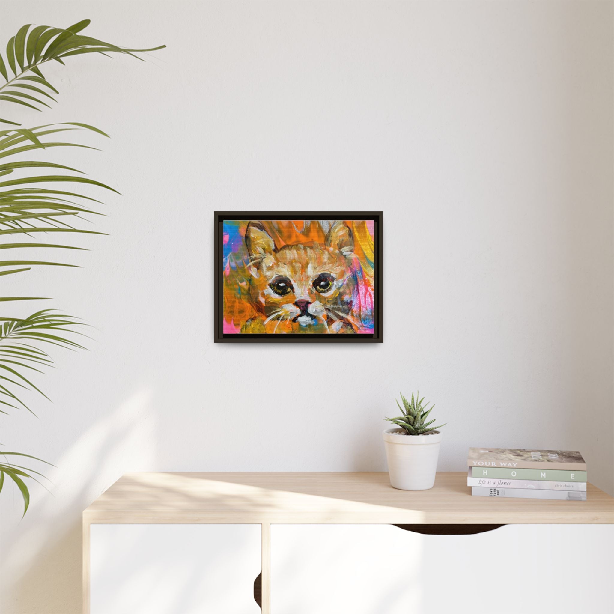 Framed Matte Canvas: Colorful Abstract Ginger Cat Wall Art