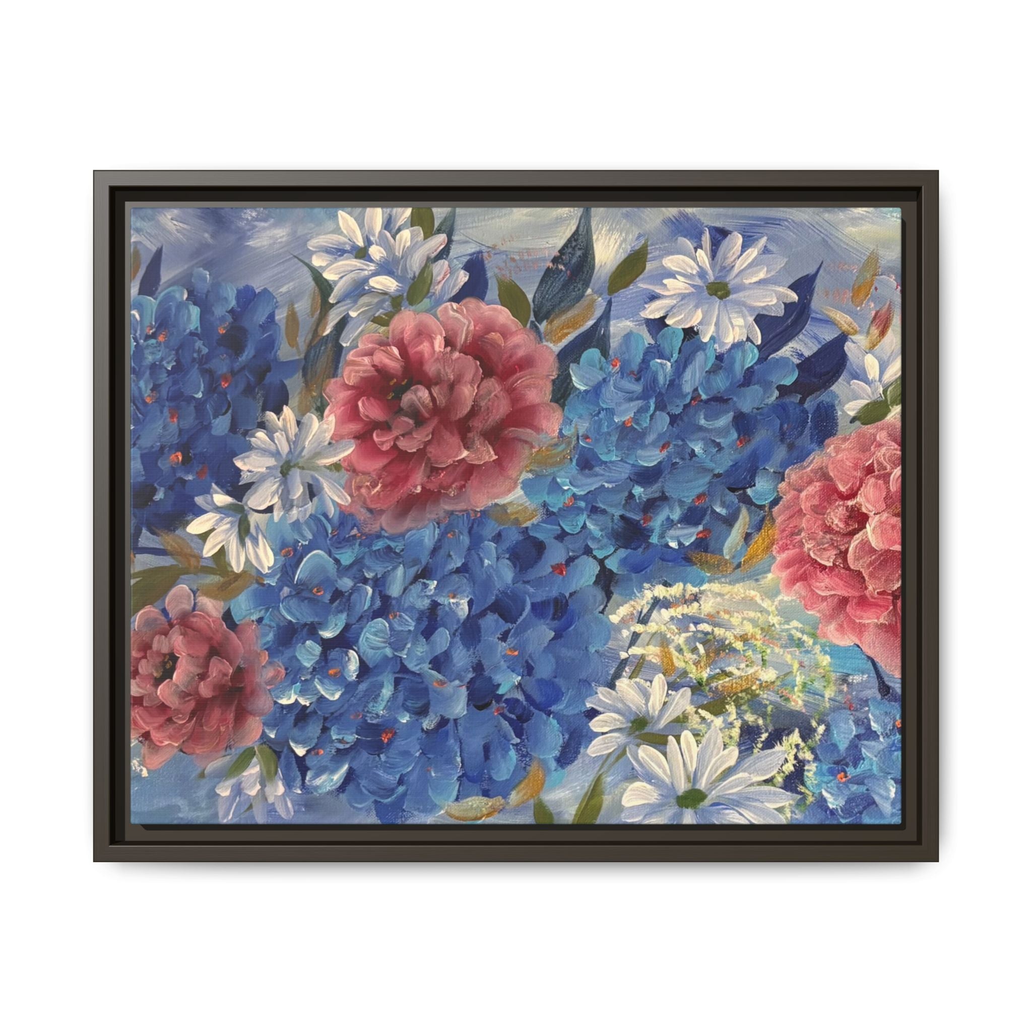 Cool Blue Framed Floral Canvas Print — Blue Hydrangea & Pink Peony Wall Art