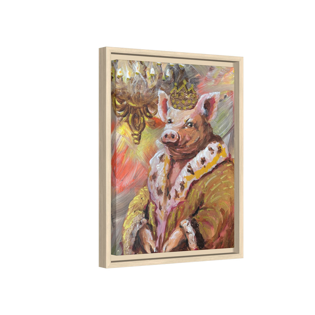 Regal Pig King Framed Canvas Art — Whimsical Farmhouse Wall Decor