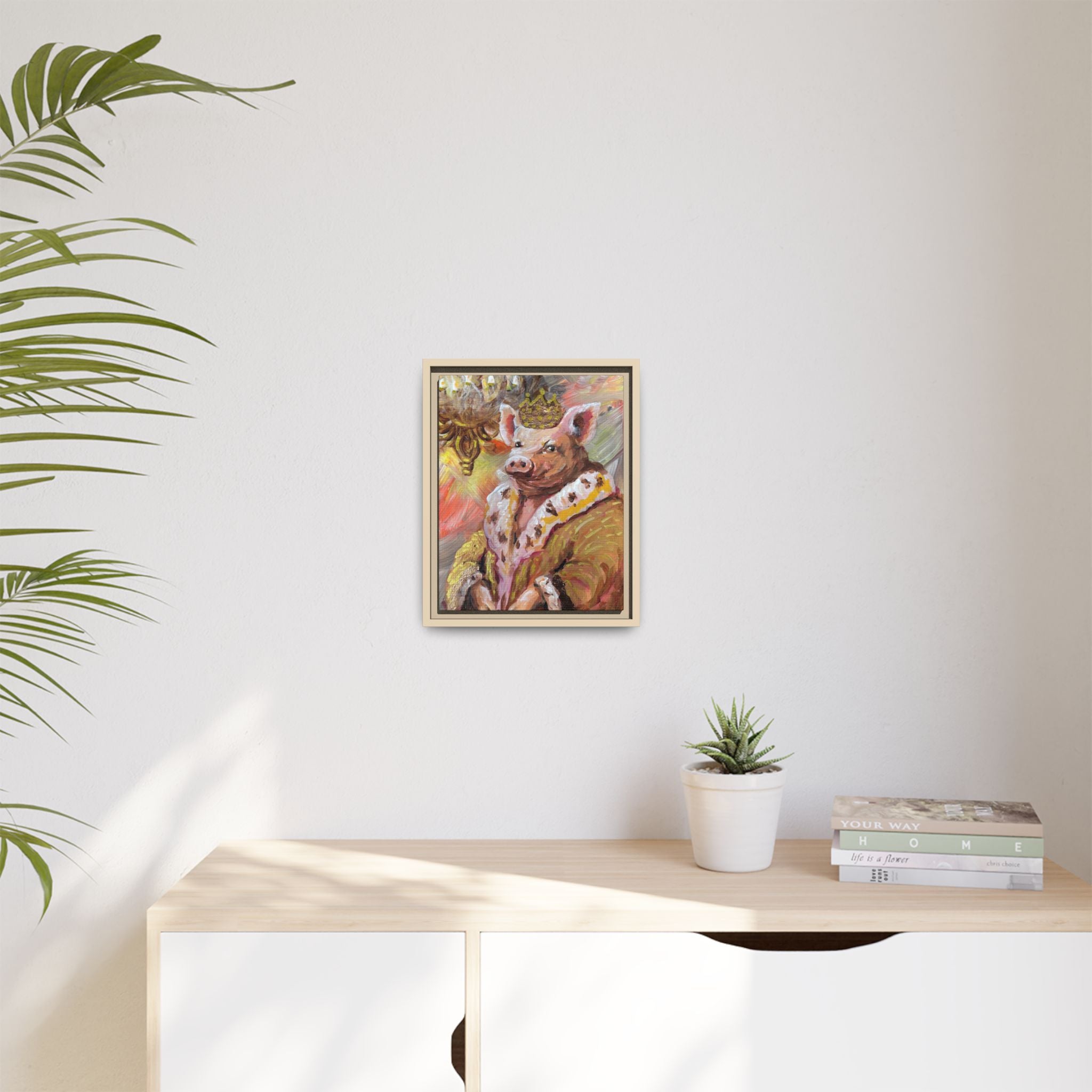 Regal Pig King Framed Canvas Art — Whimsical Farmhouse Wall Decor