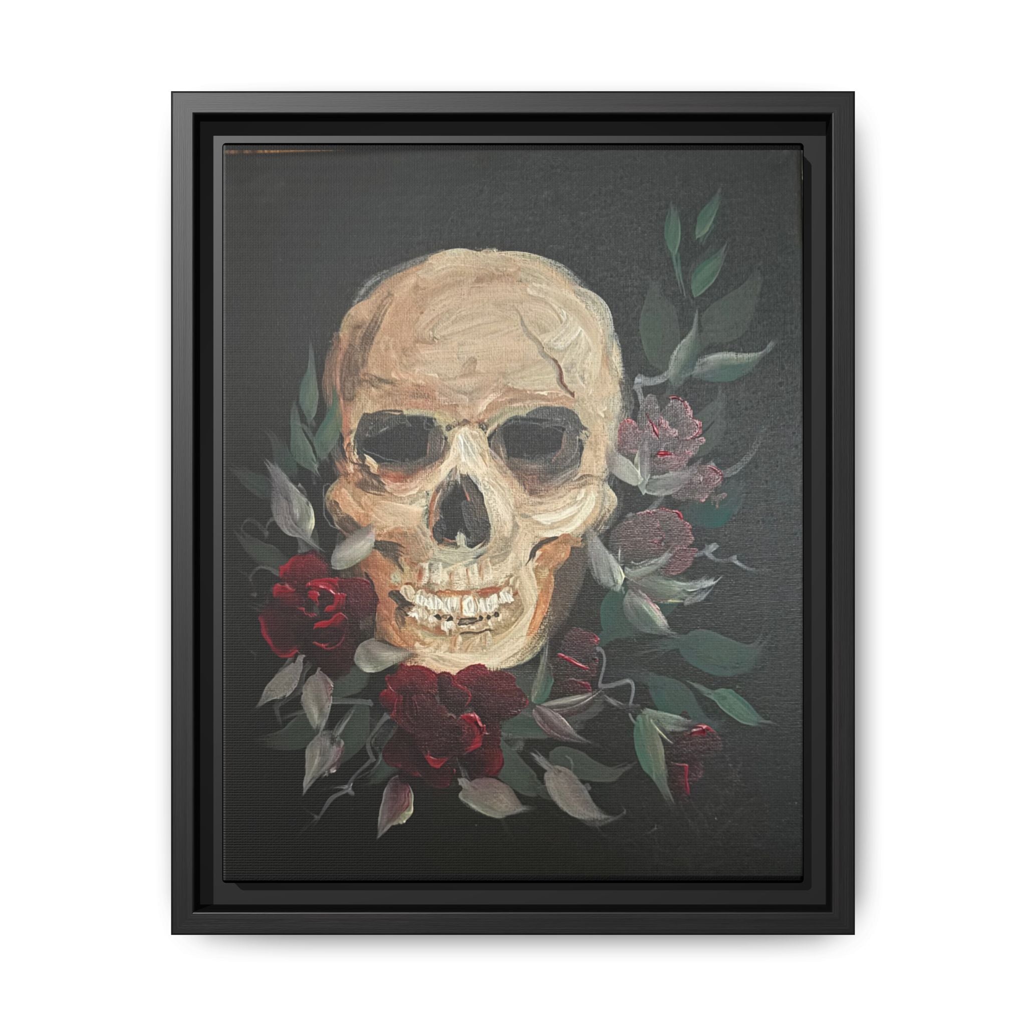Framed Matte Canvas Skull & Roses Wall Art — Dark Gothic Home Decor