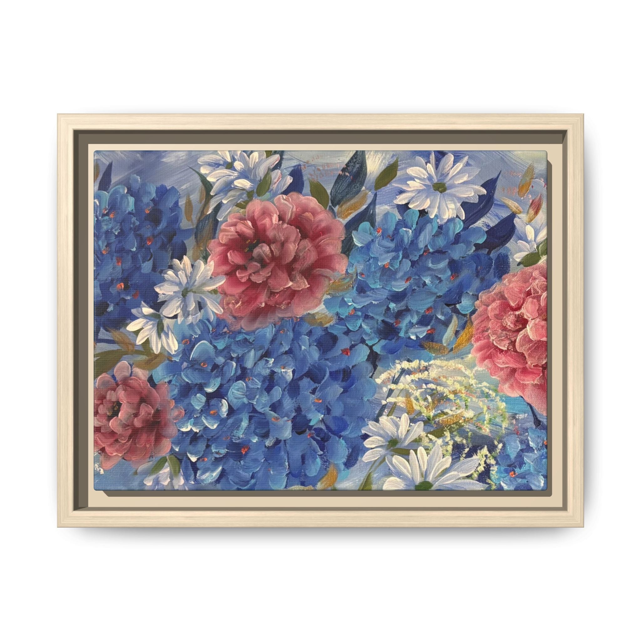Cool Blue Framed Floral Canvas Print — Blue Hydrangea & Pink Peony Wall Art