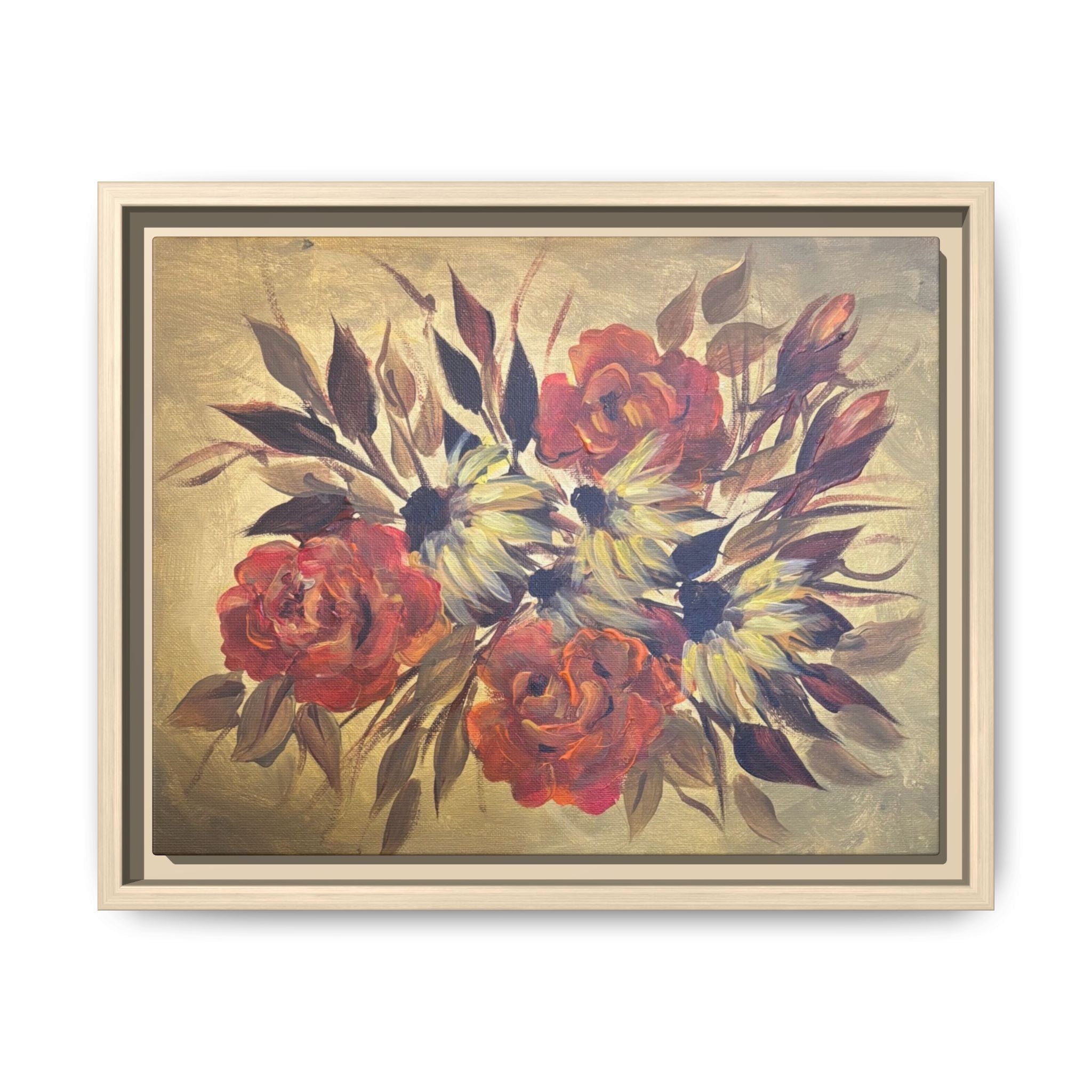 Framed Floral Canvas Wall Art — Vintage Rose Bouquet Matte Print