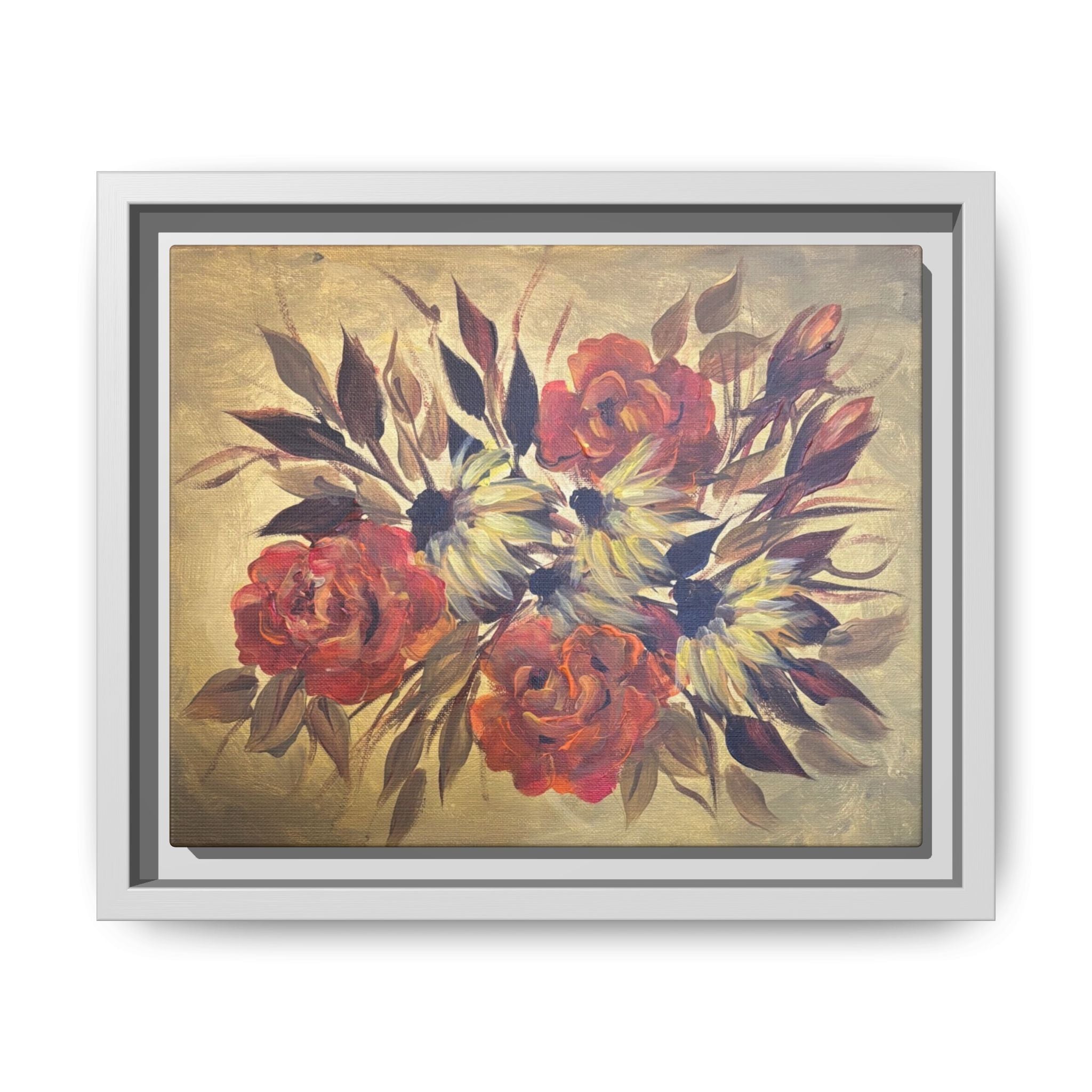 Framed Floral Canvas Wall Art — Vintage Rose Bouquet Matte Print