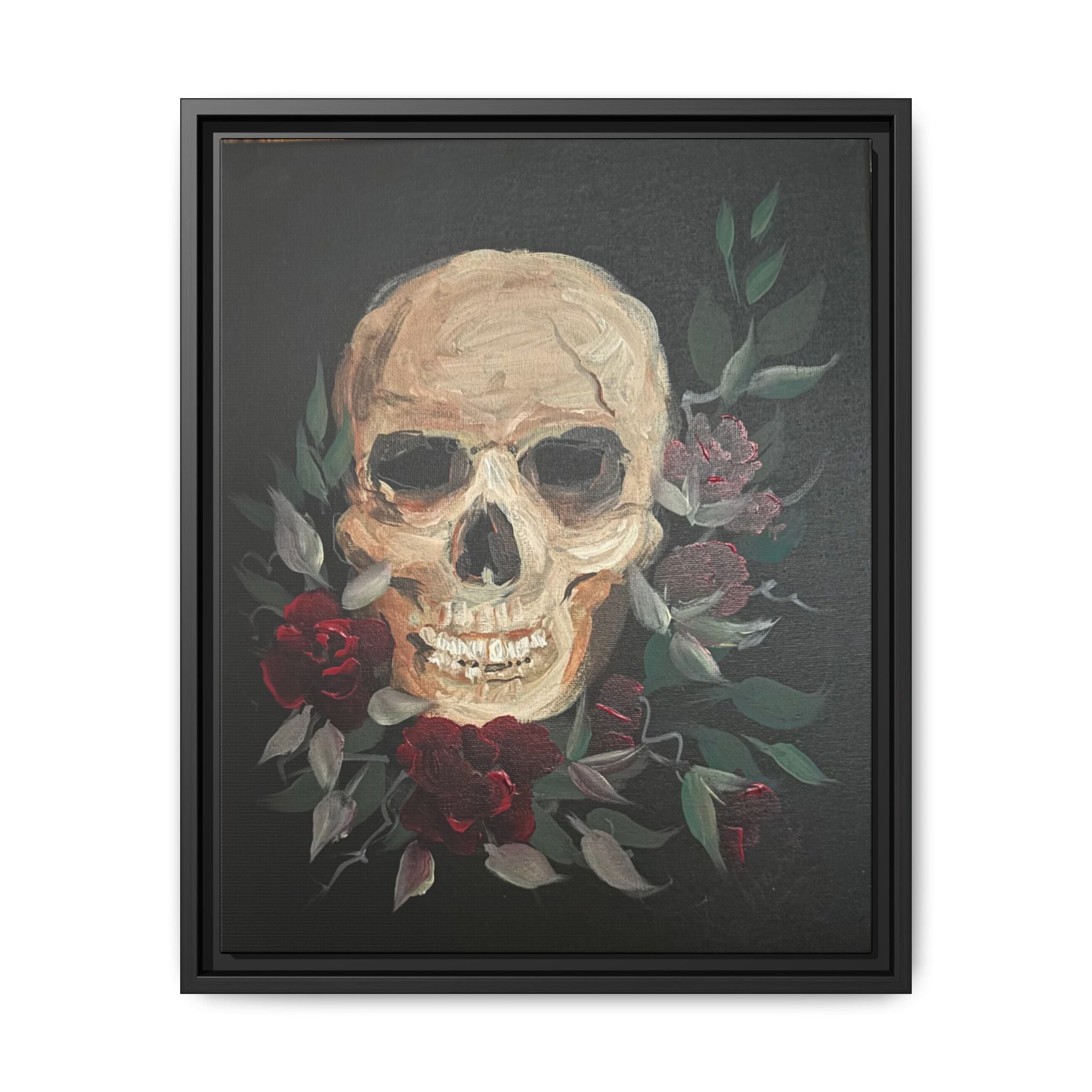 Framed Matte Canvas Skull & Roses Wall Art — Dark Gothic Home Decor