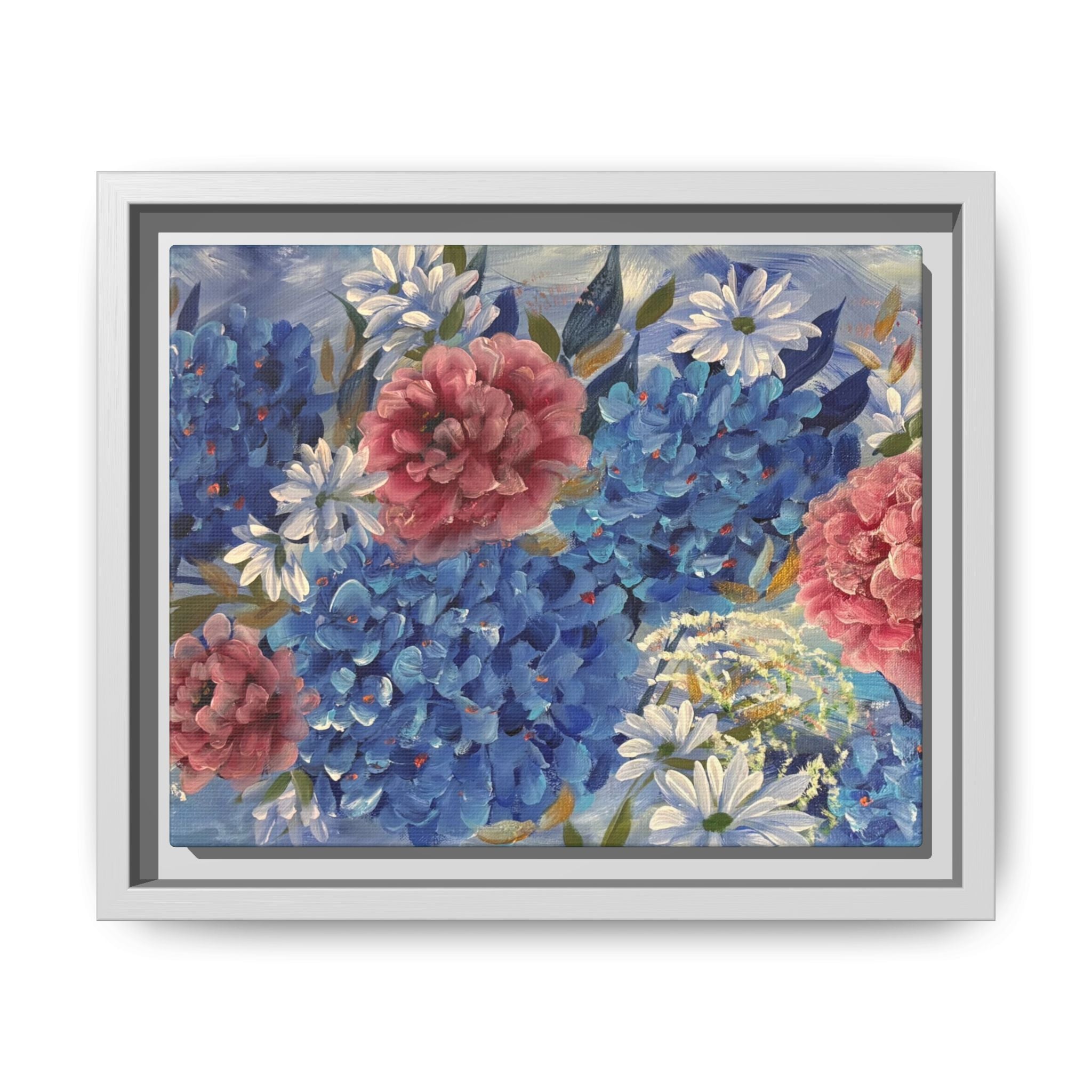 Cool Blue Framed Floral Canvas Print — Blue Hydrangea & Pink Peony Wall Art