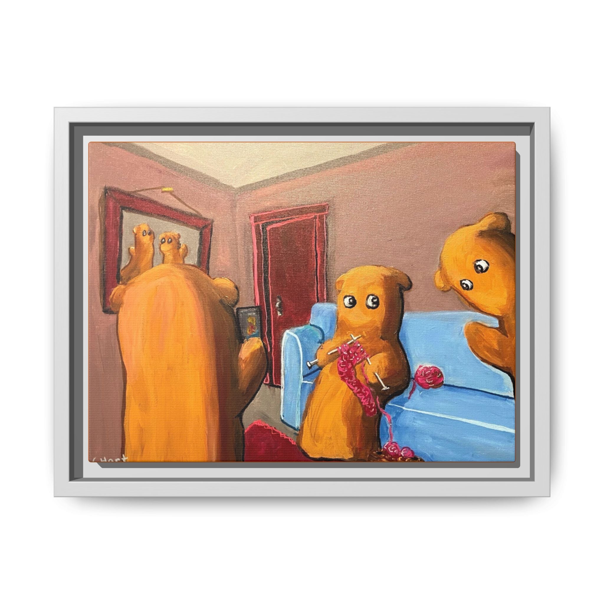 Whimsical Bear Family Framed Canvas Art — Matte Multi-Color Wall Decor