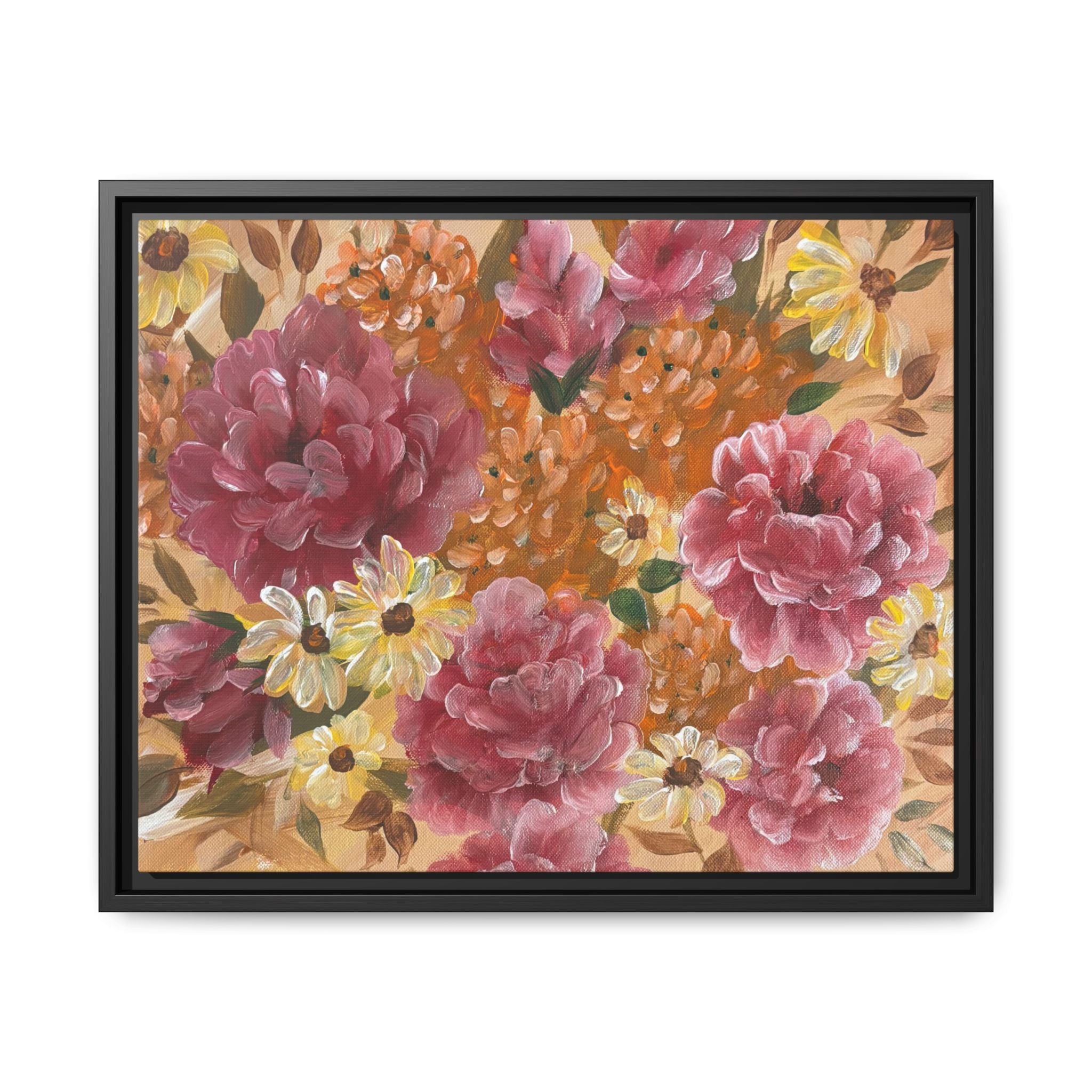 Warm Framed Floral Canvas Print — Vintage Pink Peonies Wall Art