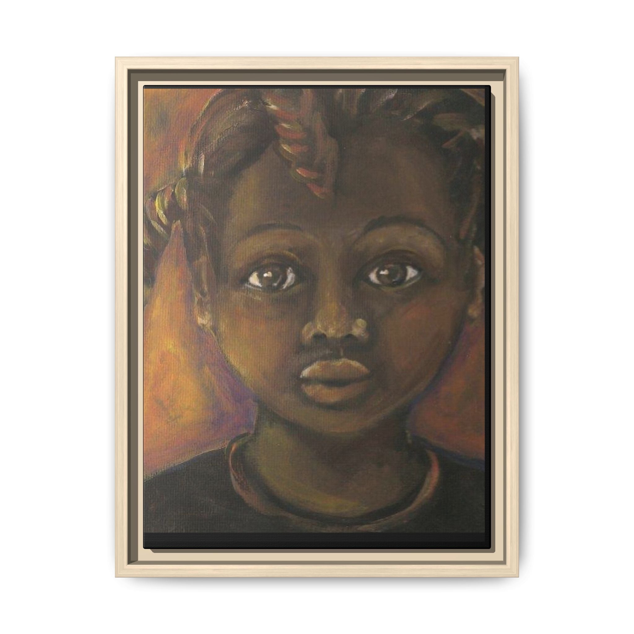 Framed Matte Canvas Portrait – African American Child Wall Art, Warm Earthtone Nursery Décor