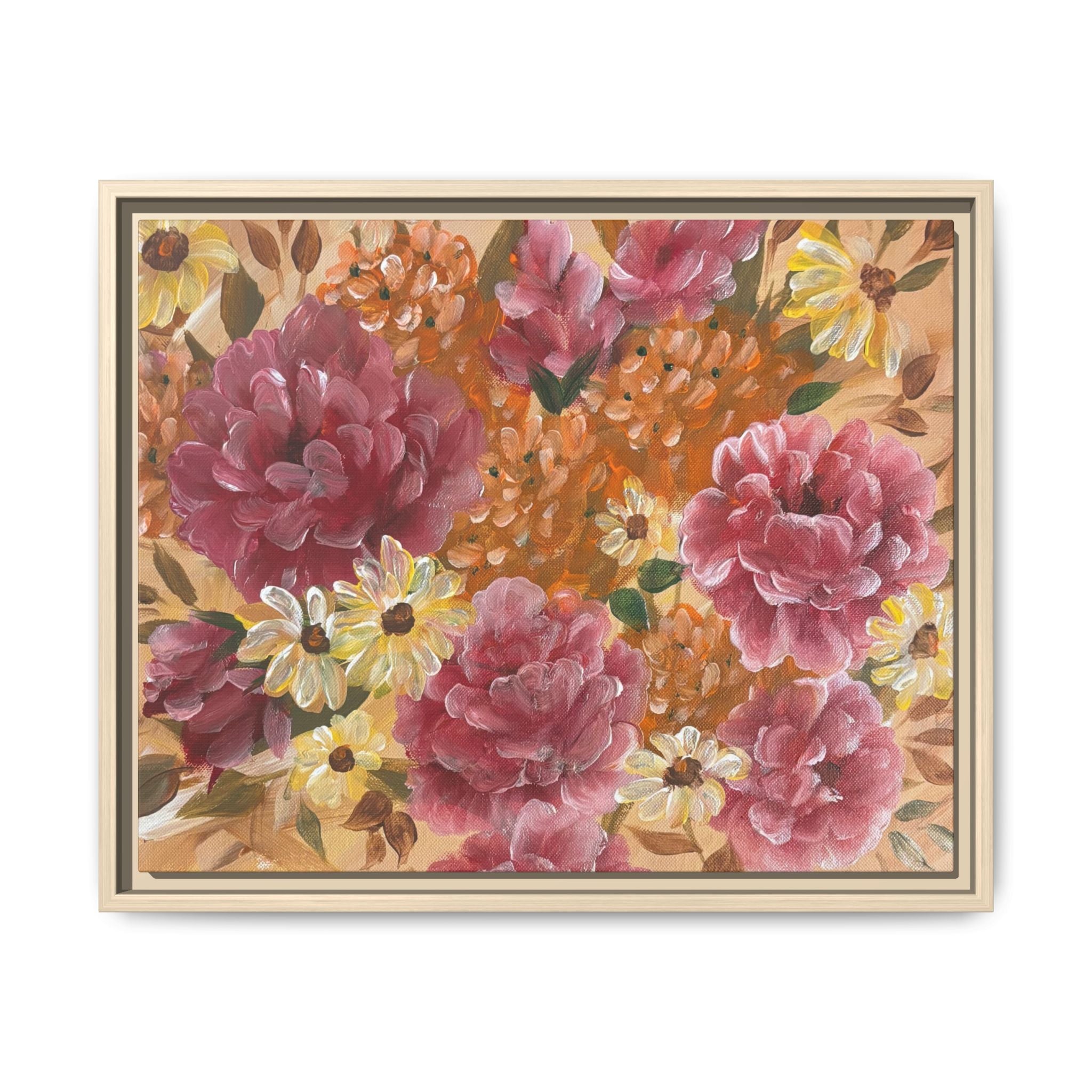 Warm Framed Floral Canvas Print — Vintage Pink Peonies Wall Art