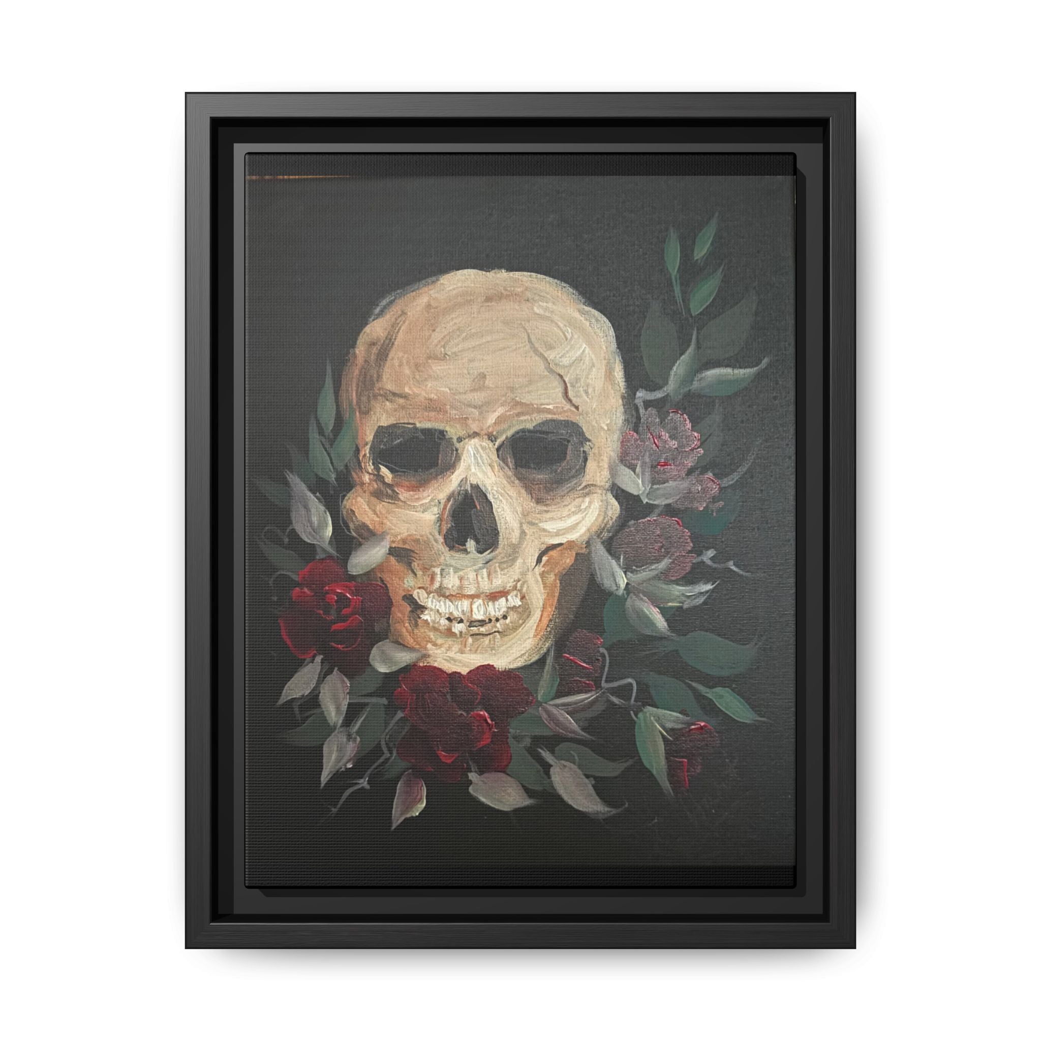 Framed Matte Canvas Skull & Roses Wall Art — Dark Gothic Home Decor