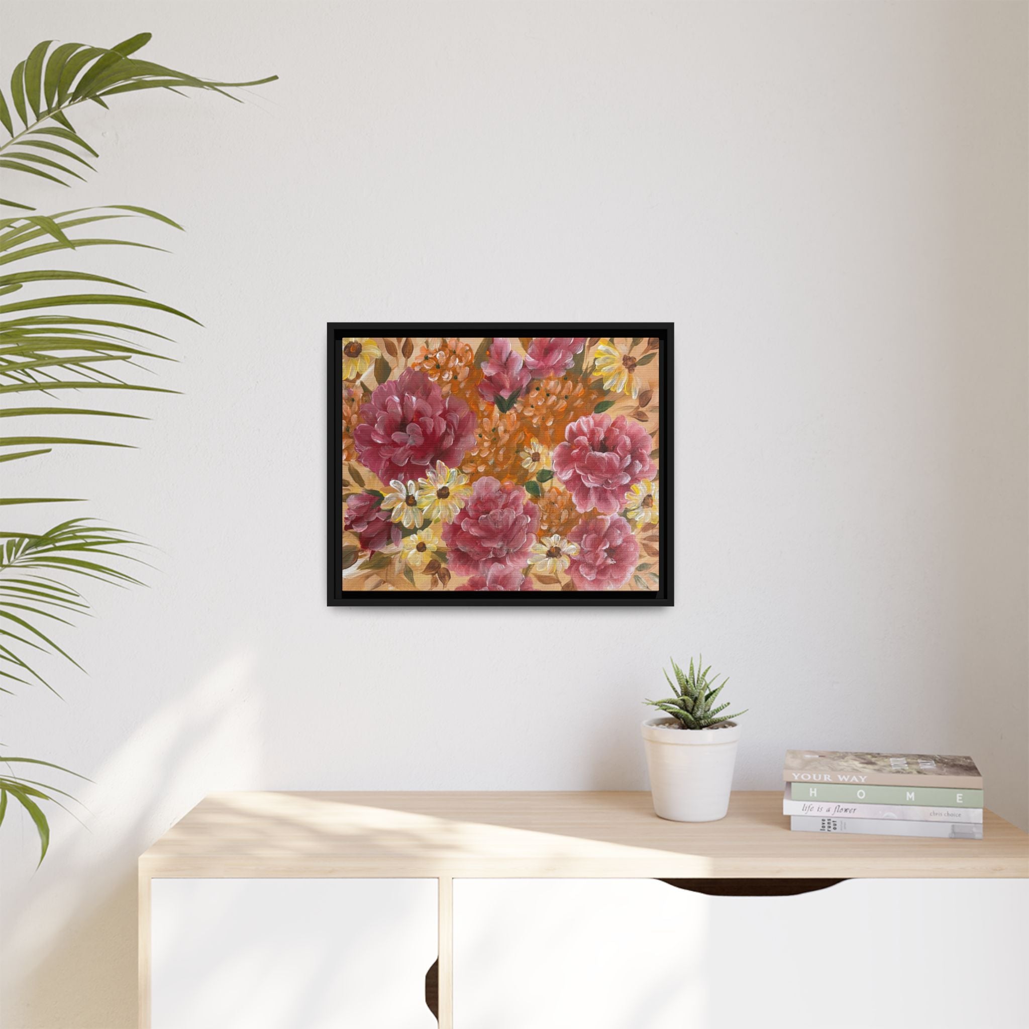 Warm Framed Floral Canvas Print — Vintage Pink Peonies Wall Art