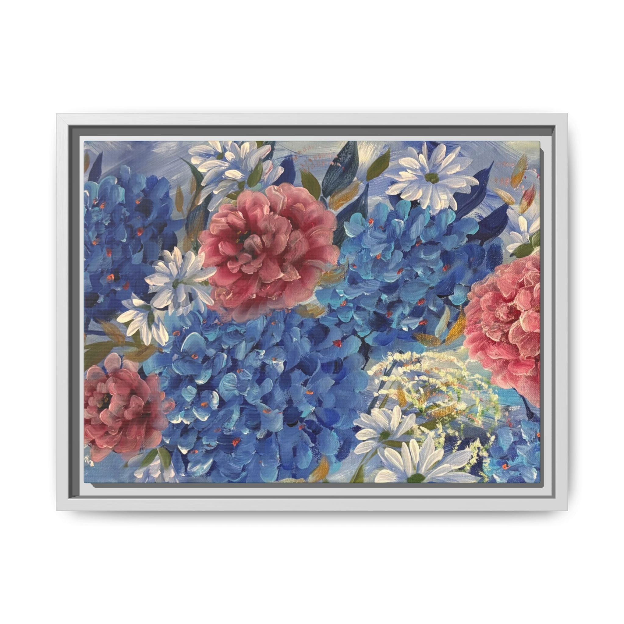 Cool Blue Framed Floral Canvas Print — Blue Hydrangea & Pink Peony Wall Art
