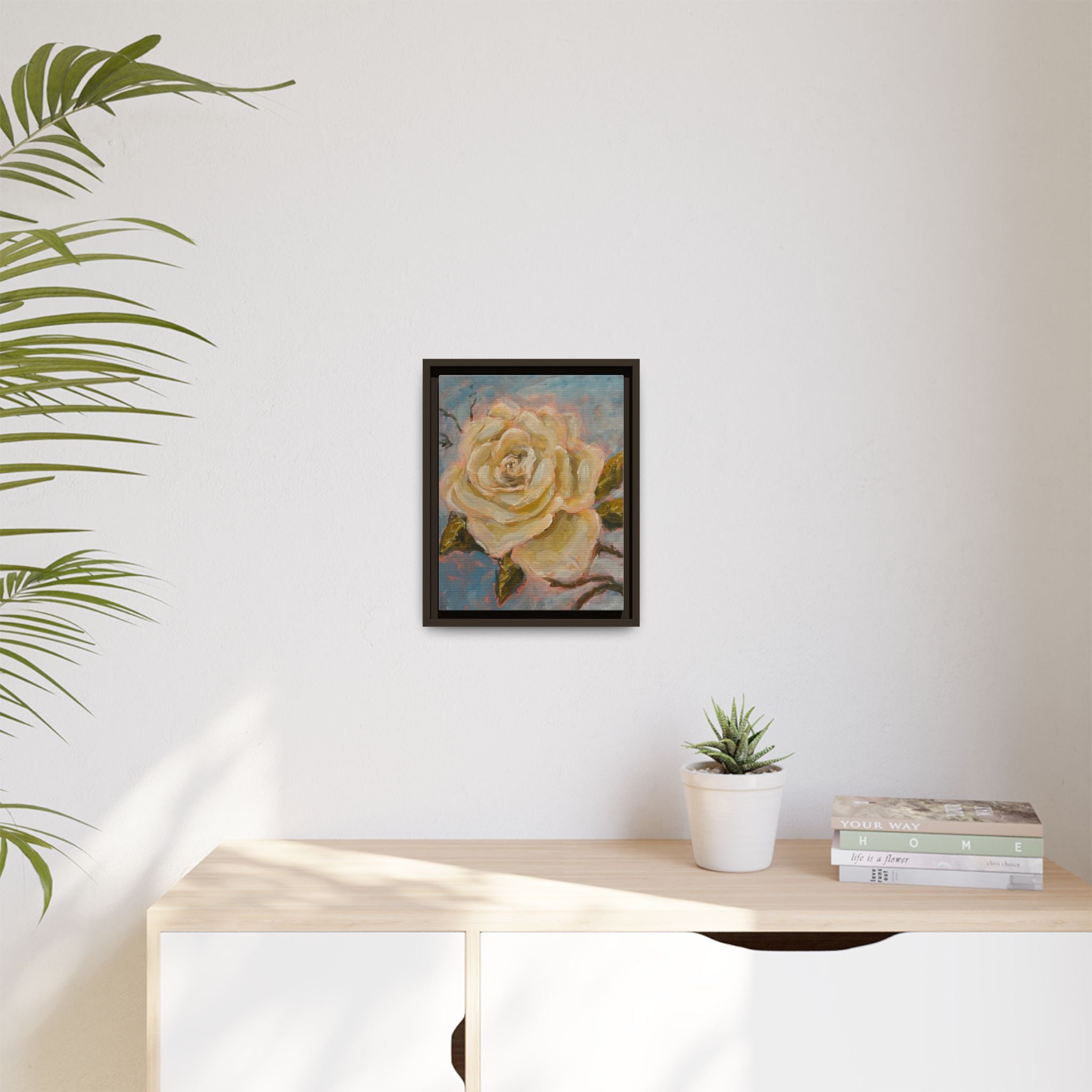 Warm White Rose Framed Matte Canvas - Vintage Rose Floral Wall Art