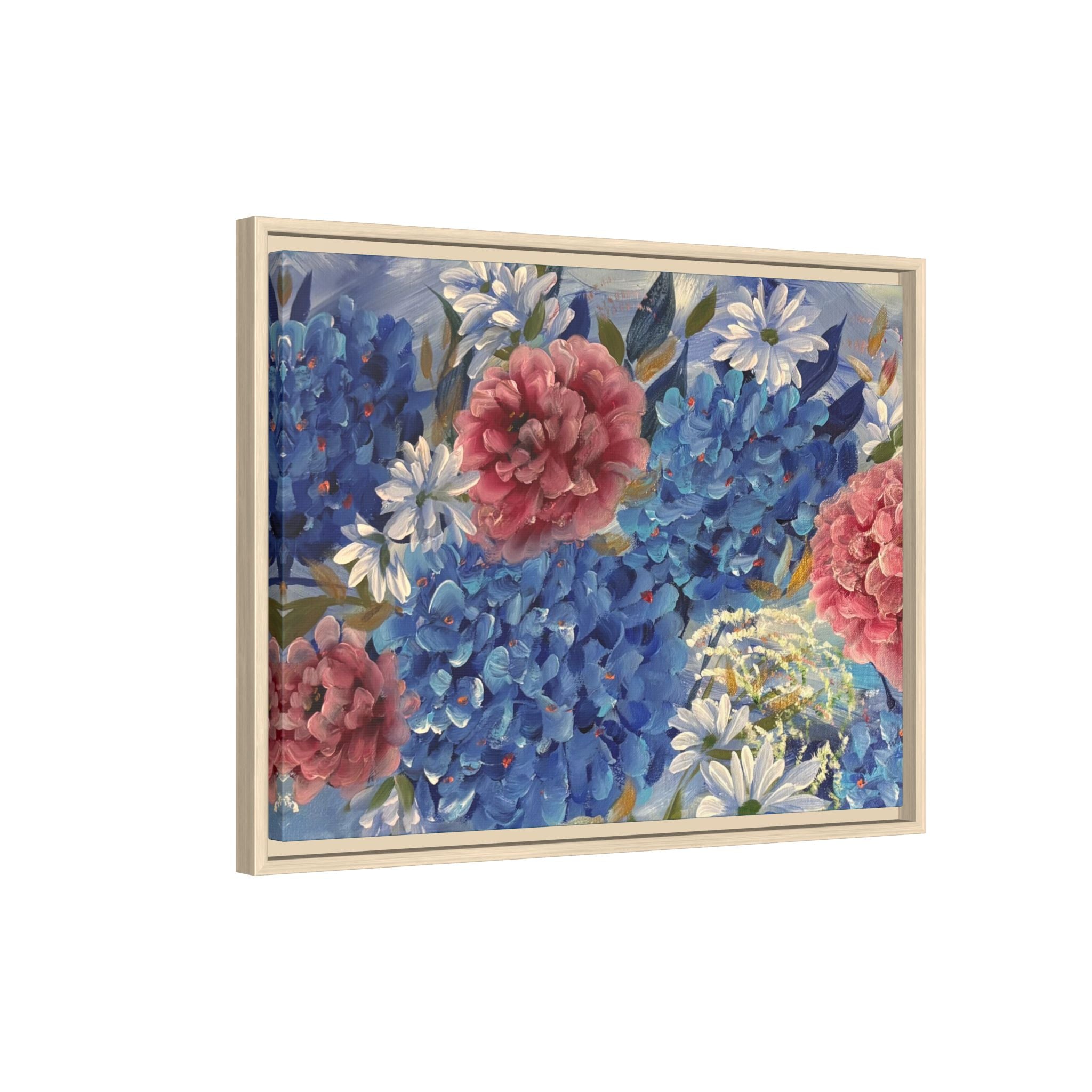 Cool Blue Framed Floral Canvas Print — Blue Hydrangea & Pink Peony Wall Art