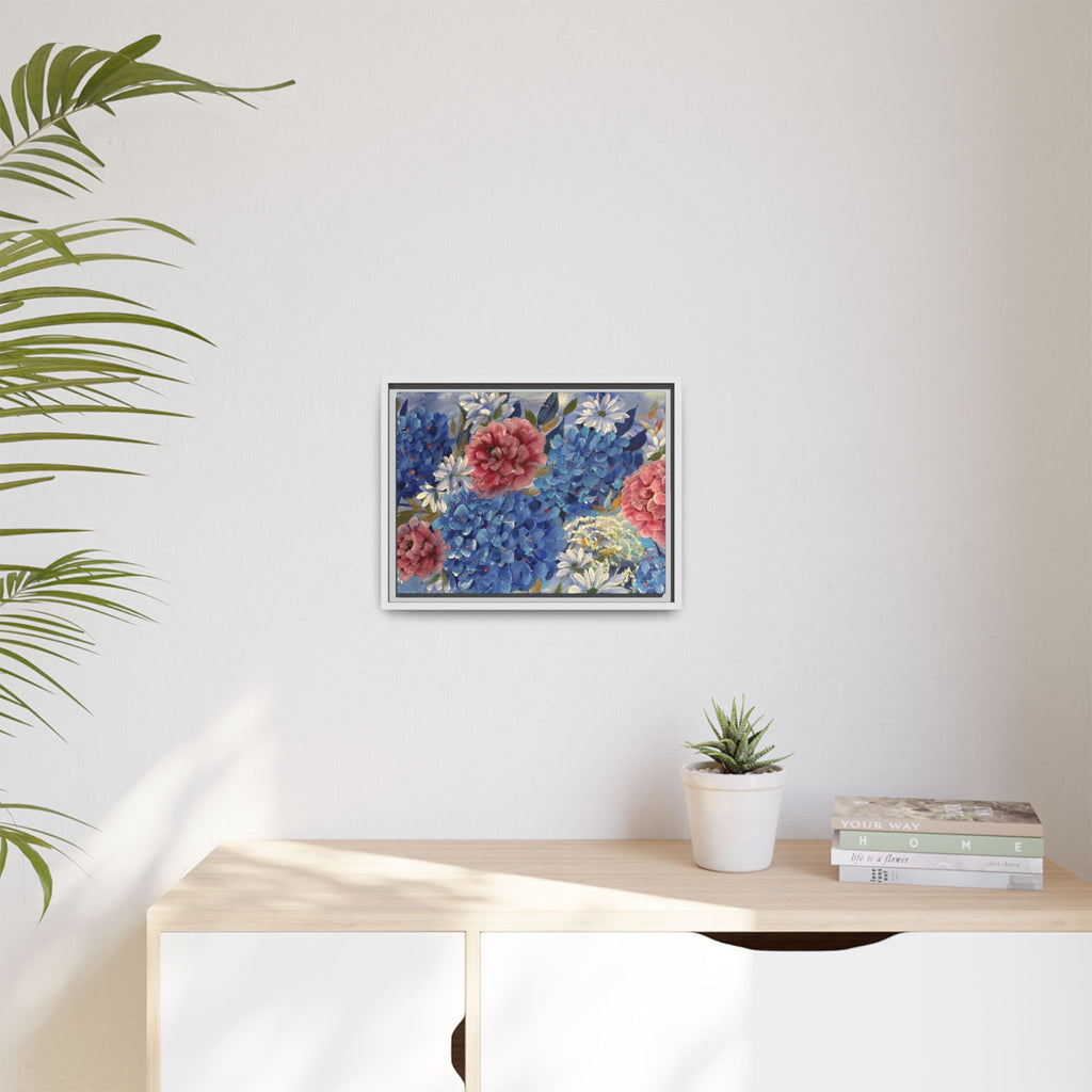 Cool Blue Framed Floral Canvas Print — Blue Hydrangea & Pink Peony Wall Art