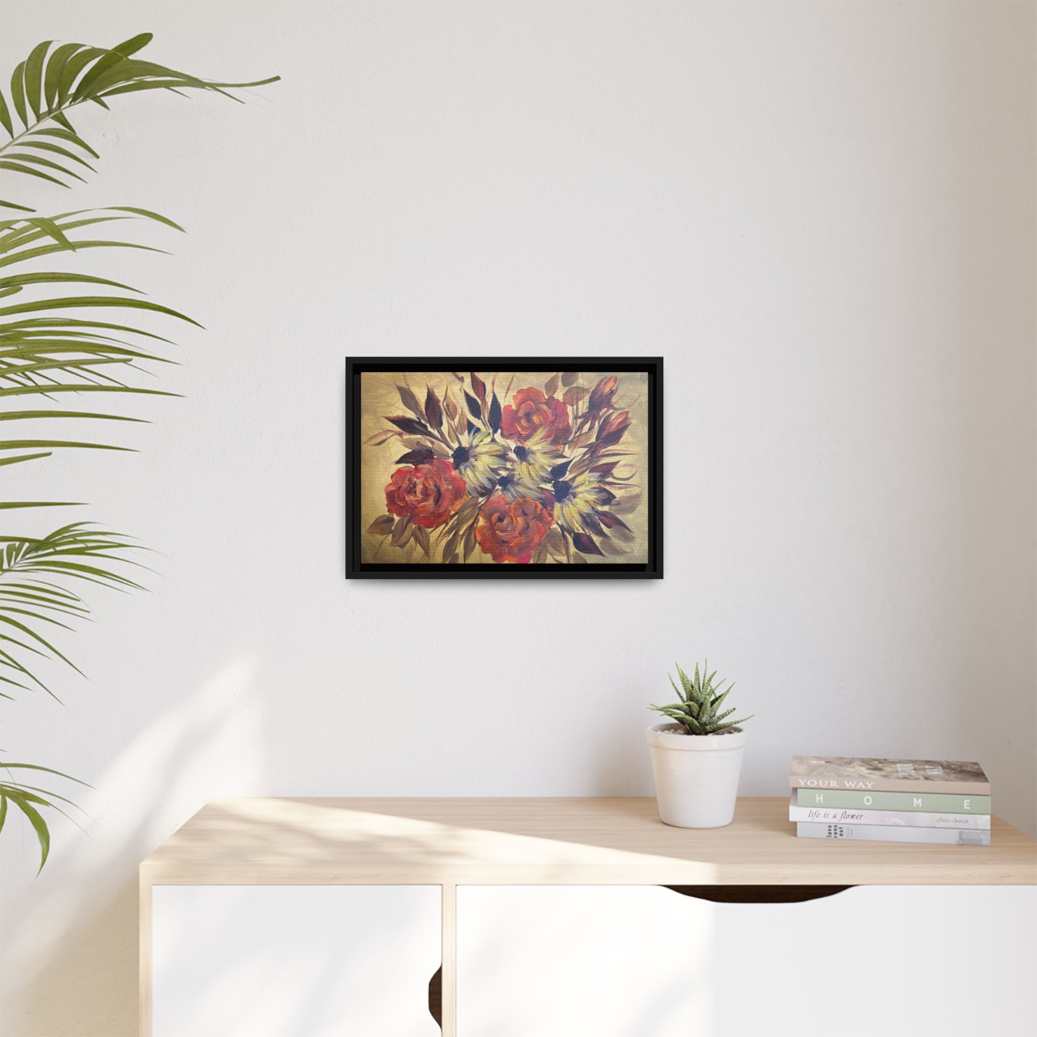 Framed Floral Canvas Wall Art — Vintage Rose Bouquet Matte Print