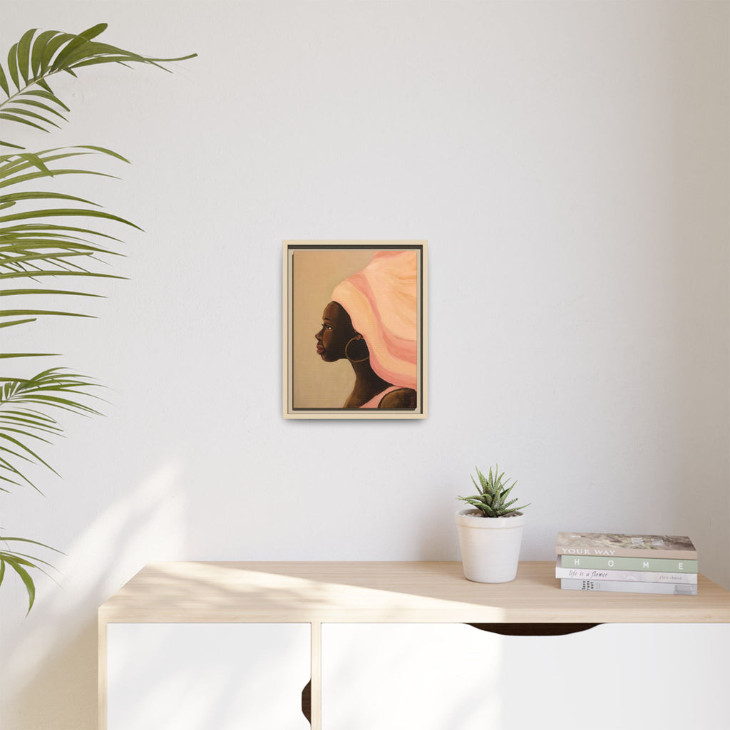 Framed Matte Canvas Art – Elegant African Woman Portrait (Pink Headwrap)