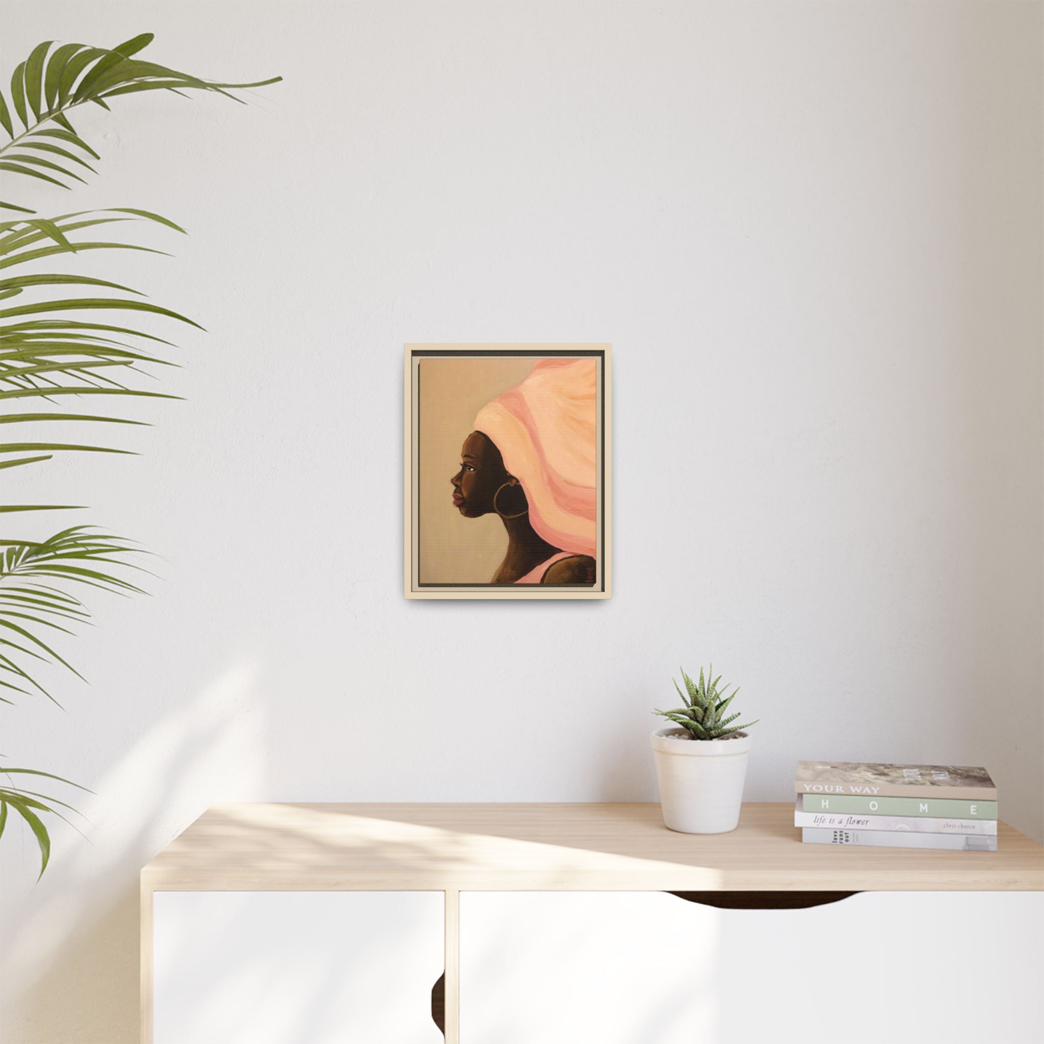 Framed Matte Canvas Art – Elegant African Woman Portrait (Pink Headwrap)