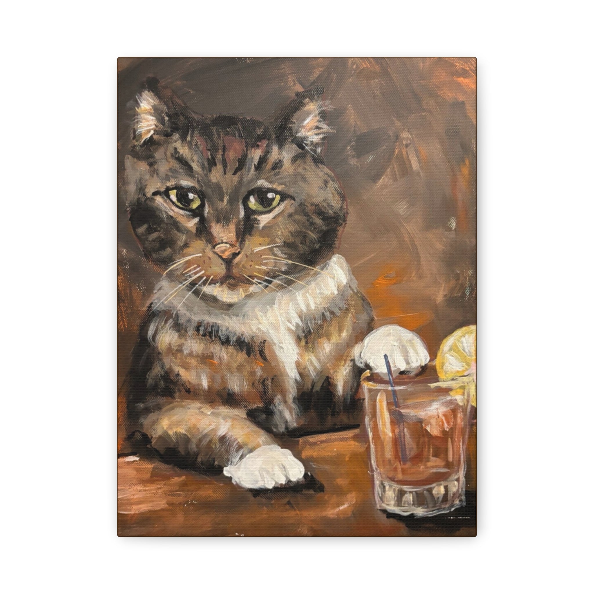 Whiskey Cat Canvas Print — Vintage Tabby Painting on Stretched Matte Canvas