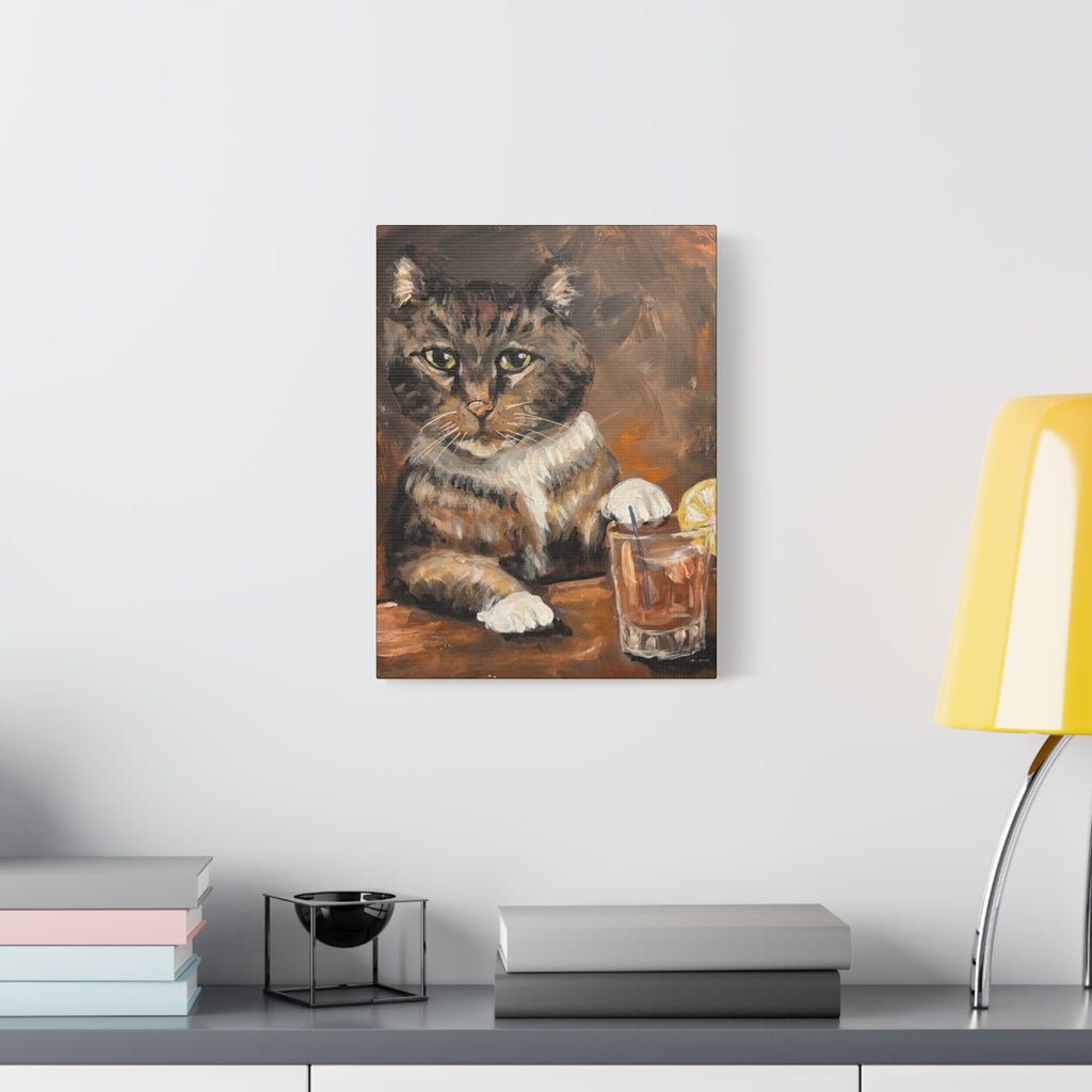 Whiskey Cat Canvas Print — Vintage Tabby Painting on Stretched Matte Canvas