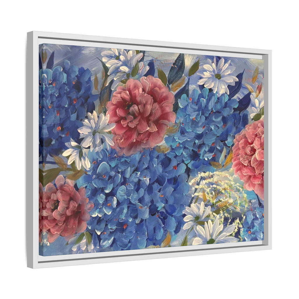 Cool Blue Framed Floral Canvas Print — Blue Hydrangea & Pink Peony Wall Art