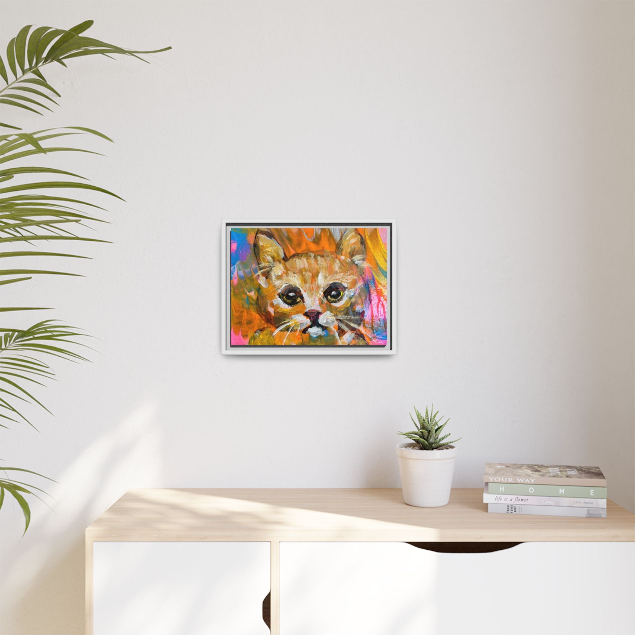 Framed Matte Canvas: Colorful Abstract Ginger Cat Wall Art