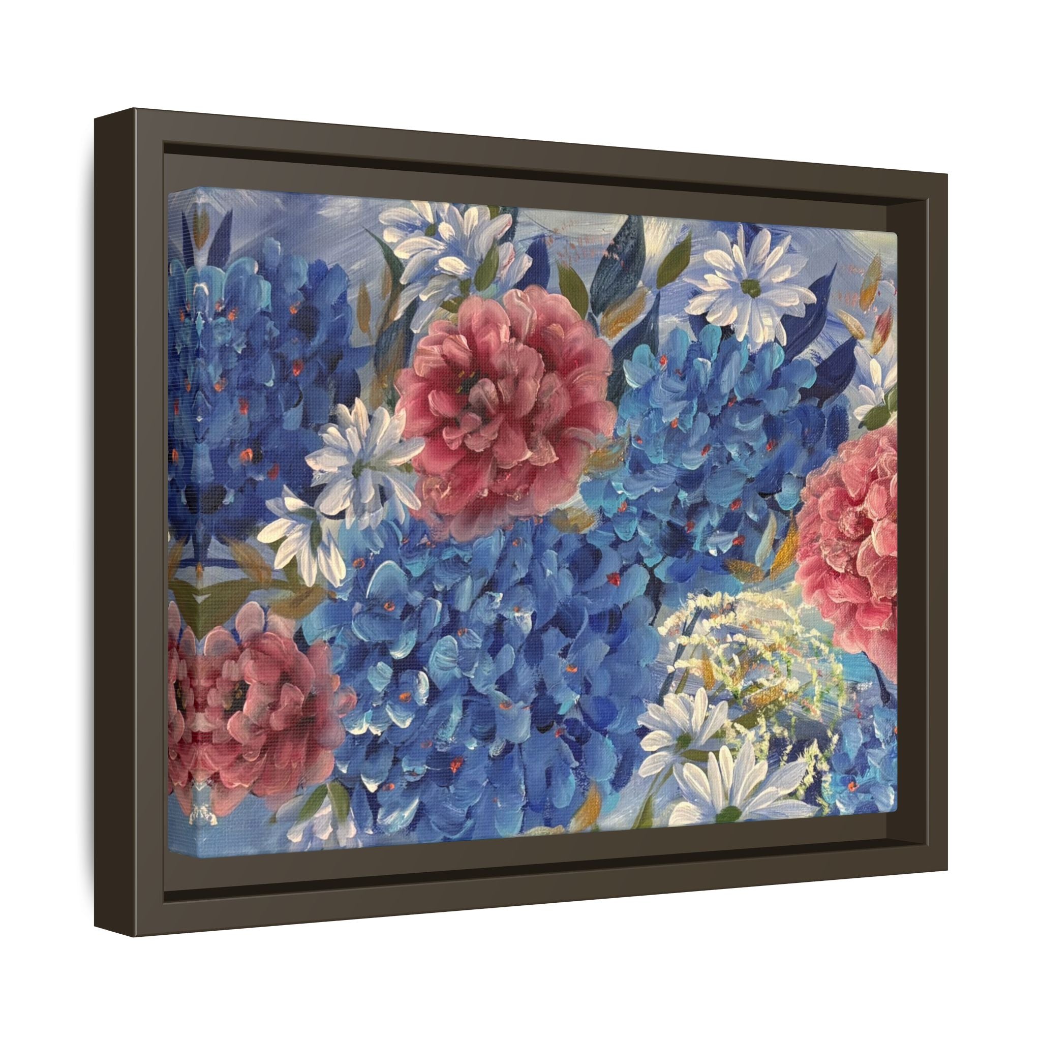 Cool Blue Framed Floral Canvas Print — Blue Hydrangea & Pink Peony Wall Art
