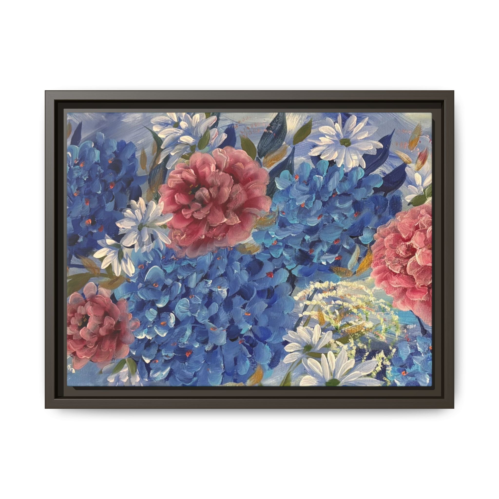 Cool Blue Framed Floral Canvas Print — Blue Hydrangea & Pink Peony Wall Art