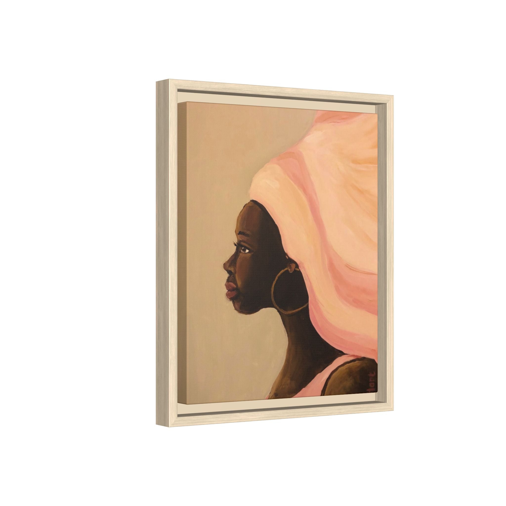 Framed Matte Canvas Art – Elegant African Woman Portrait (Pink Headwrap)