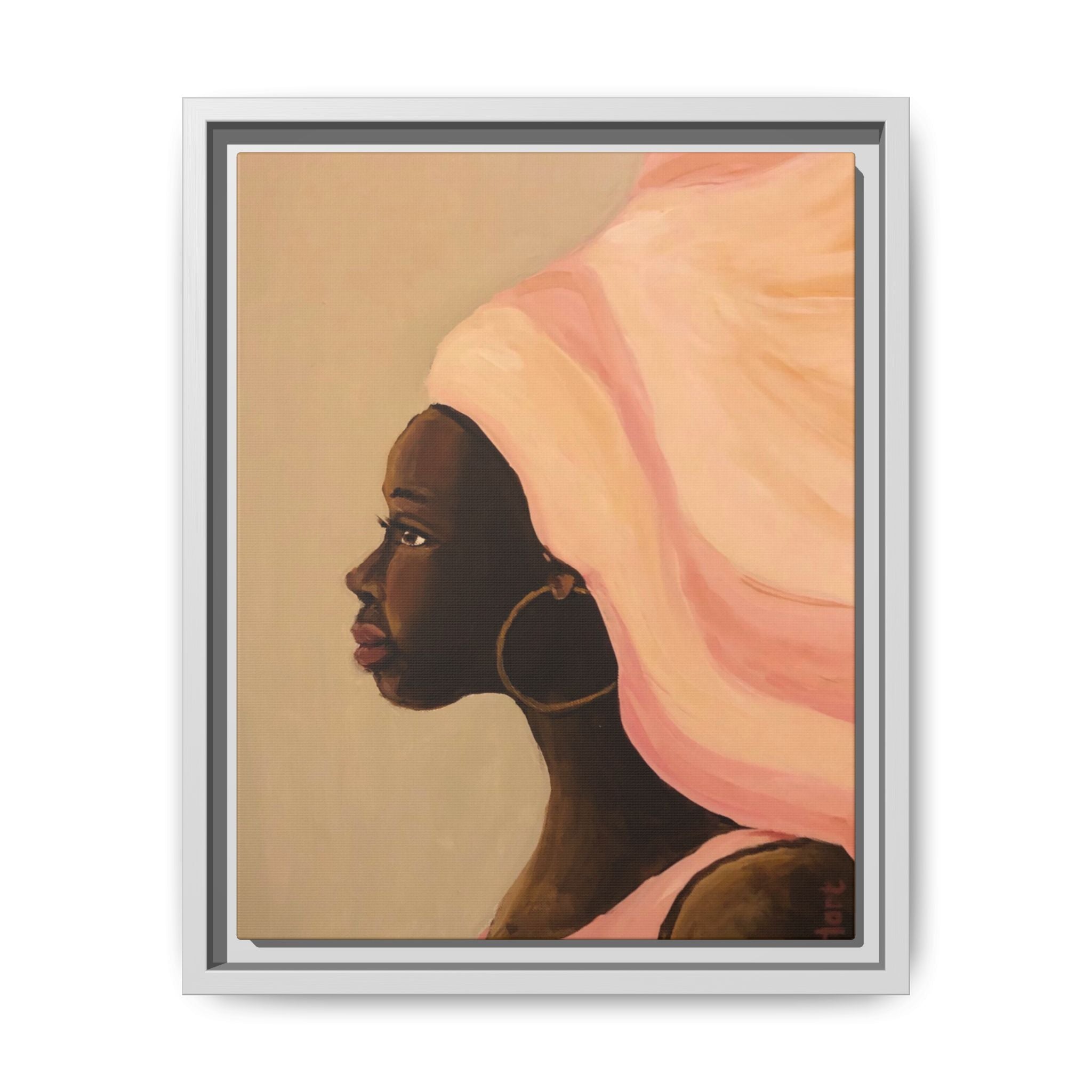 Framed Matte Canvas Art – Elegant African Woman Portrait (Pink Headwrap)