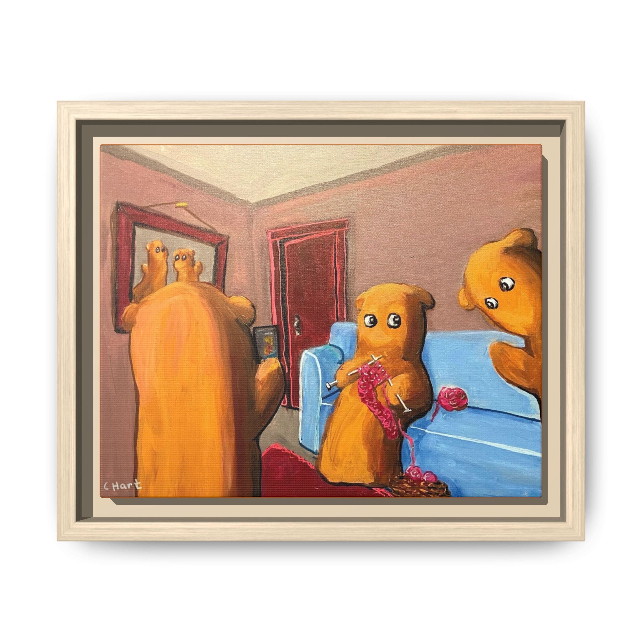 Whimsical Bear Family Framed Canvas Art — Matte Multi-Color Wall Decor