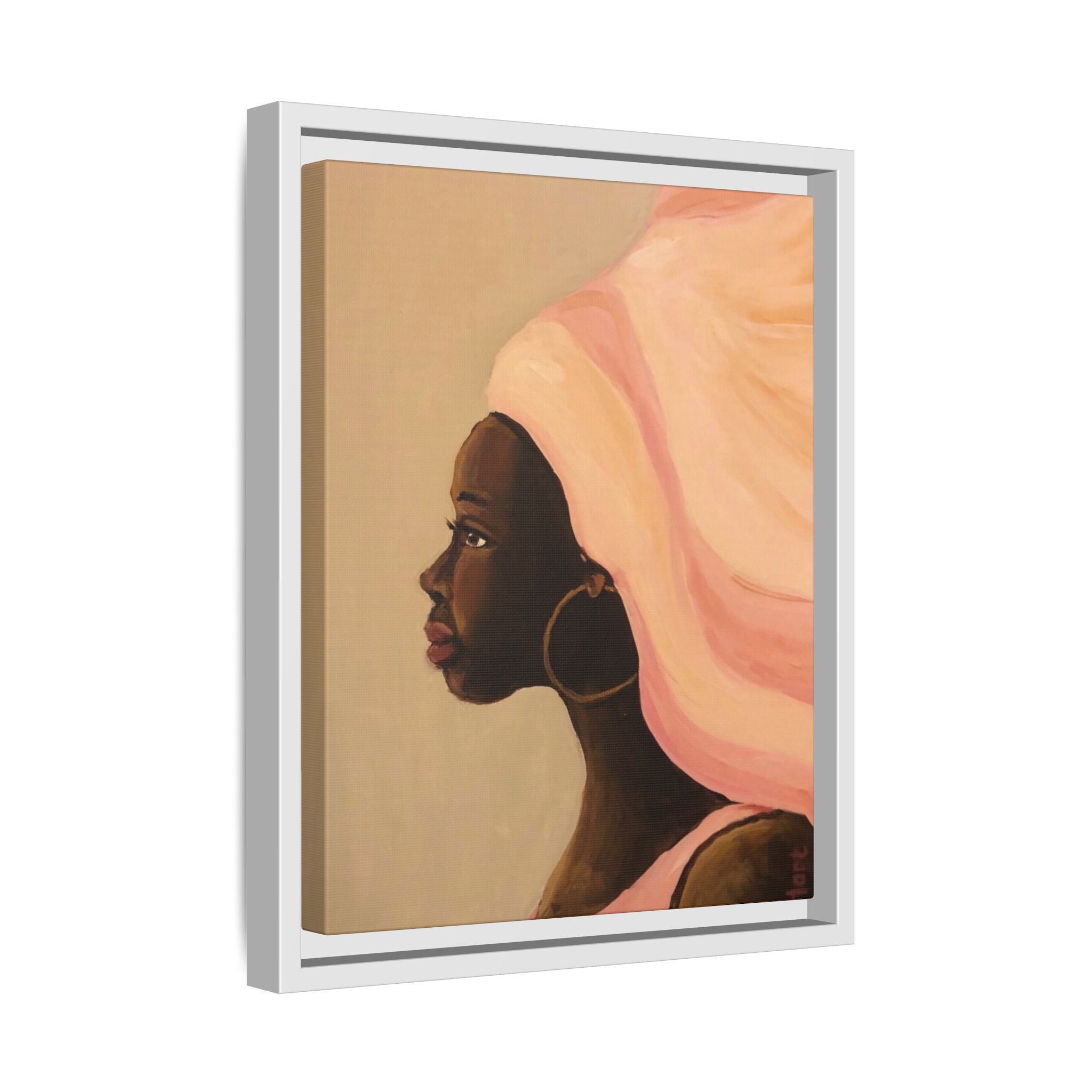 Framed Matte Canvas Art – Elegant African Woman Portrait (Pink Headwrap)